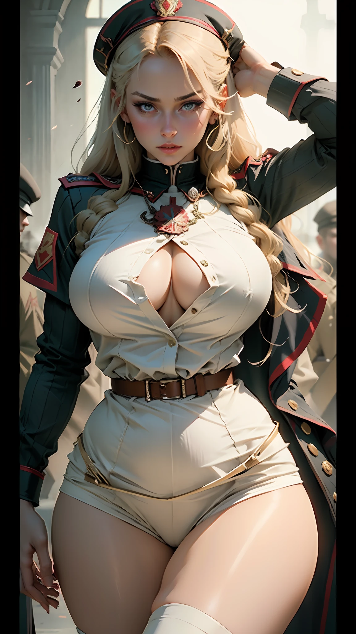 Beautiful woman with detailed defined body, role-play using Russian NKVD, wearing Russian NKVD costume, big breasts, thin waist, plump buttocks