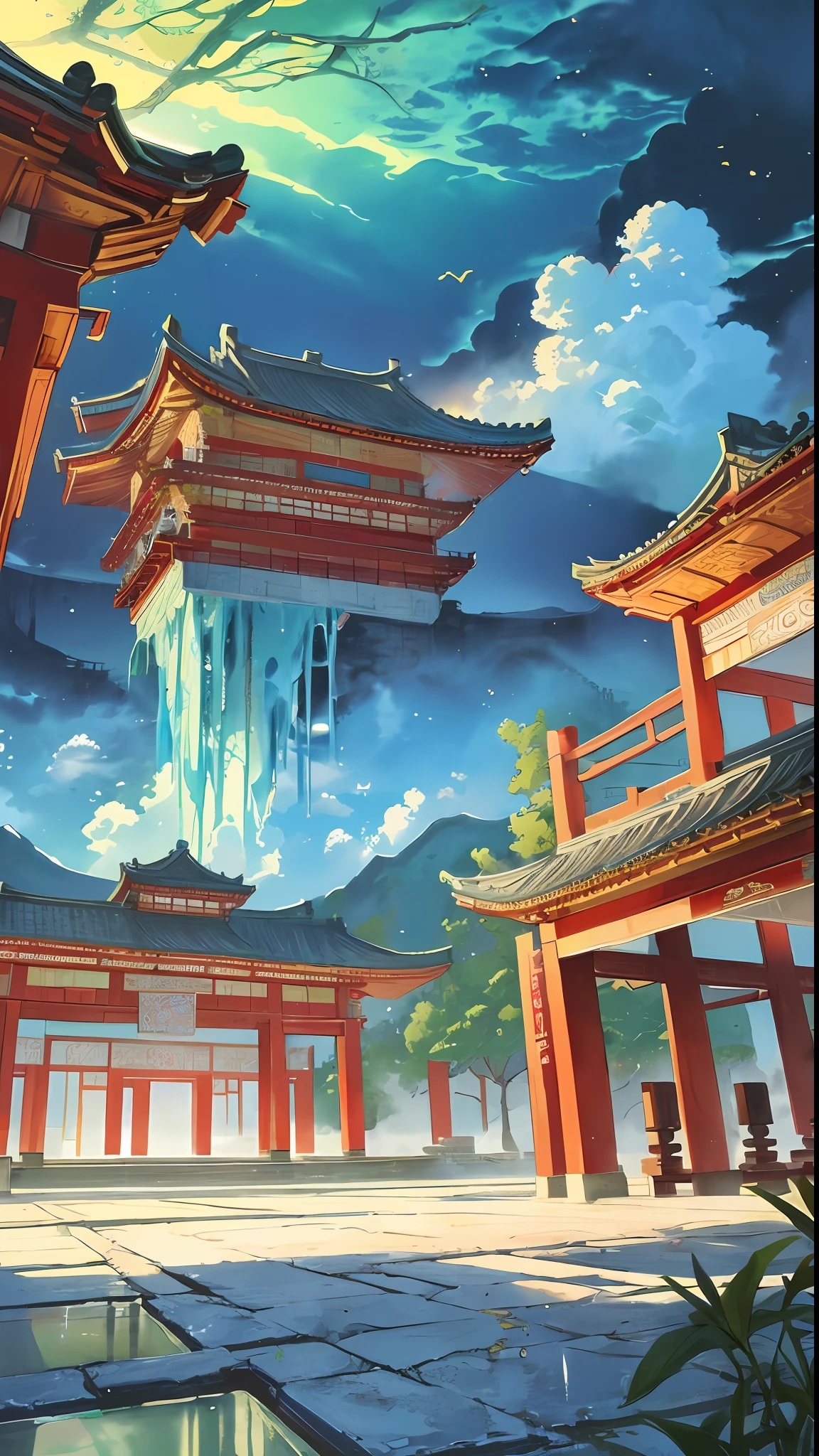 The game scene, the ancient Chinese palace is located above the clouds, surrounded by clouds and mist, majestic, glazed tiles, colorful rays of light, ((color ink)),((splash ink)),((splash ink) ink}) ), masterpiece, high quality, Refined graphics, high detail