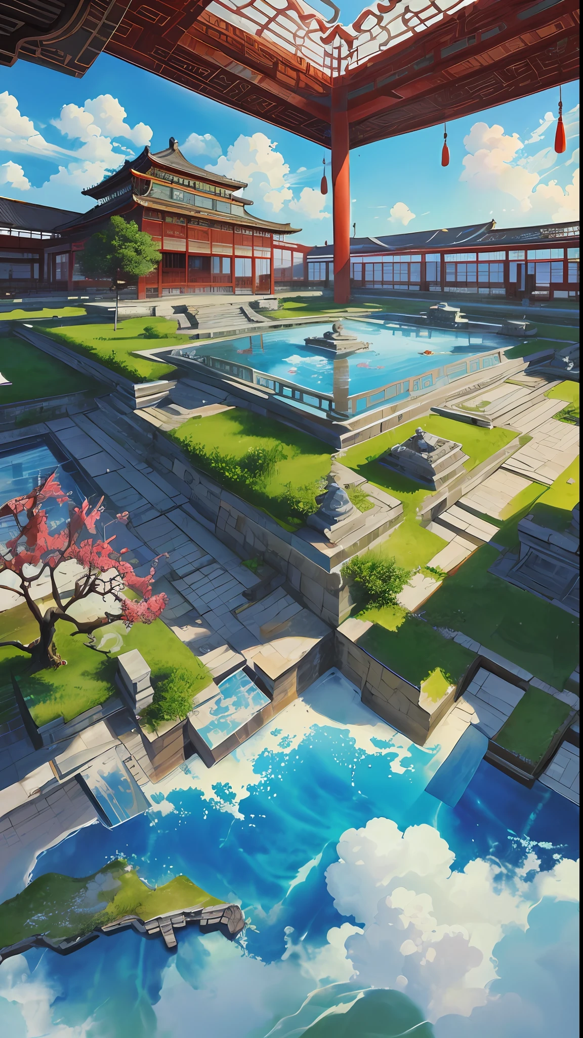 The game scene, the ancient Chinese palace is located above the clouds, surrounded by clouds and mist, majestic, glazed tiles, colorful rays of light, ((color ink)),((splash ink)),((splash ink) ink}) ), masterpiece, high quality, Refined graphics, high detail