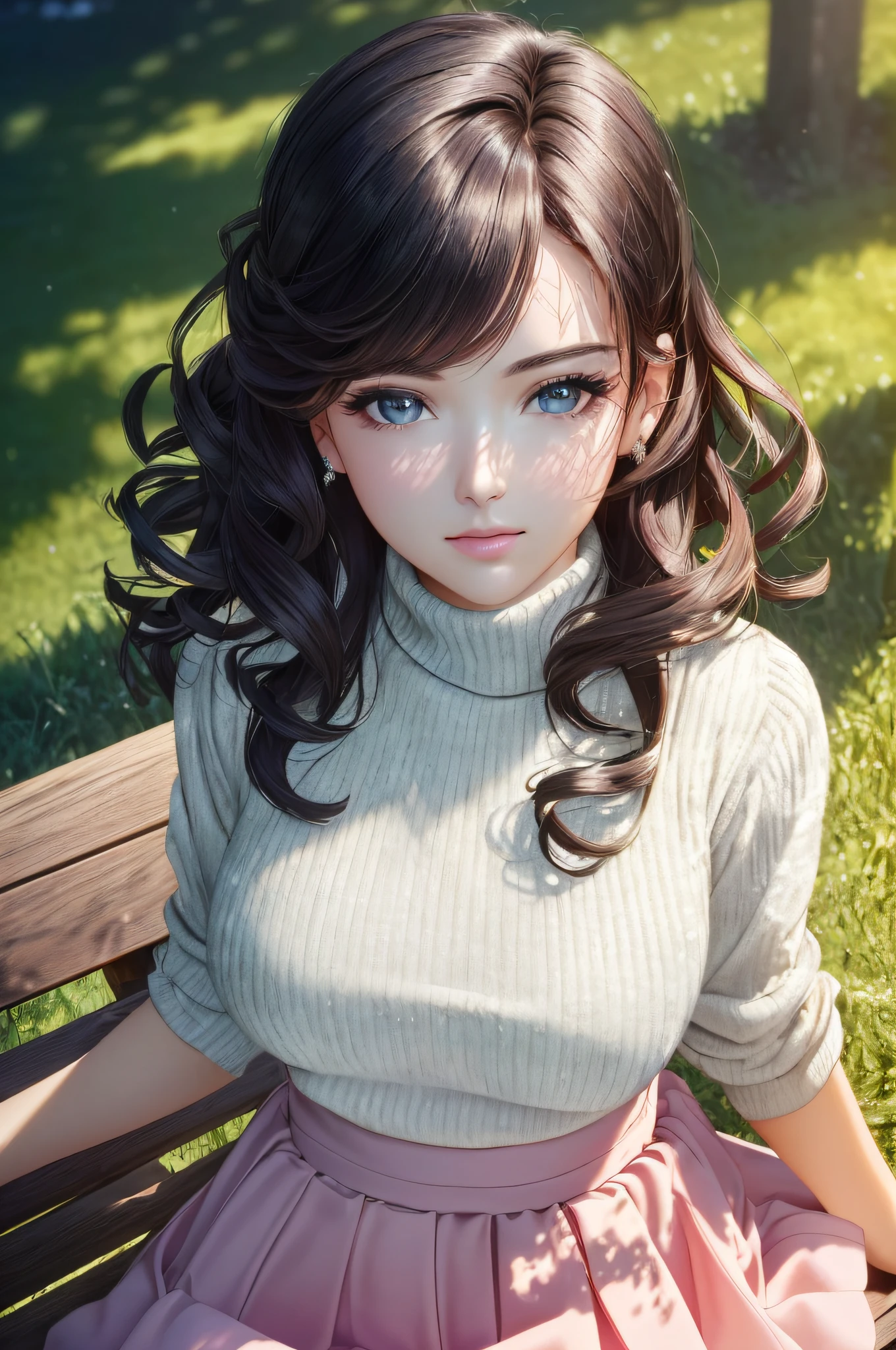 Country Street ,,, (Outdoor, Night:1.5,Ultra Slender Face,((Realistic lighting, Best Quality, 8K, Masterpiece:1.3)),, (Masterpiece, Best Quality, Ultra Detail, High Definition), Perfect Face, Side Light, Glossy Skin, (Bloom), (Glow), Lighting, Ray Tracing, One Girl, Solo, Black Hair, Sweater, Black Beautiful Eyes, Skirt, Dress, Hair Bow, Pink Skirt, sit on the bench, bow, lips, turtleneck sweater, upper body, curls, chest, turtleneck, parted lips, jewelry, depth_of_field, very detailed background, masterpiece, super detail, great composition, dynamic angle, [bottle bottom], (wide angle lens), very sophisticated and beautiful, (best quality), (masterpiece), depth of field , Solo, Extreme Light and Shadow, Masterpiece, Rich Detail, (Fine Function), (Best Quality), (Eye for Detail), (Beautiful) Eye for Detail, (Straight Up), Upper Body , (Highly Detailed CG Unity 8k Wallpaper), (Masterpiece), (Best Quality), (Super Detail), (Best Illustration) (Best Shadow), Perfect Lighting, Perfect Anatomy