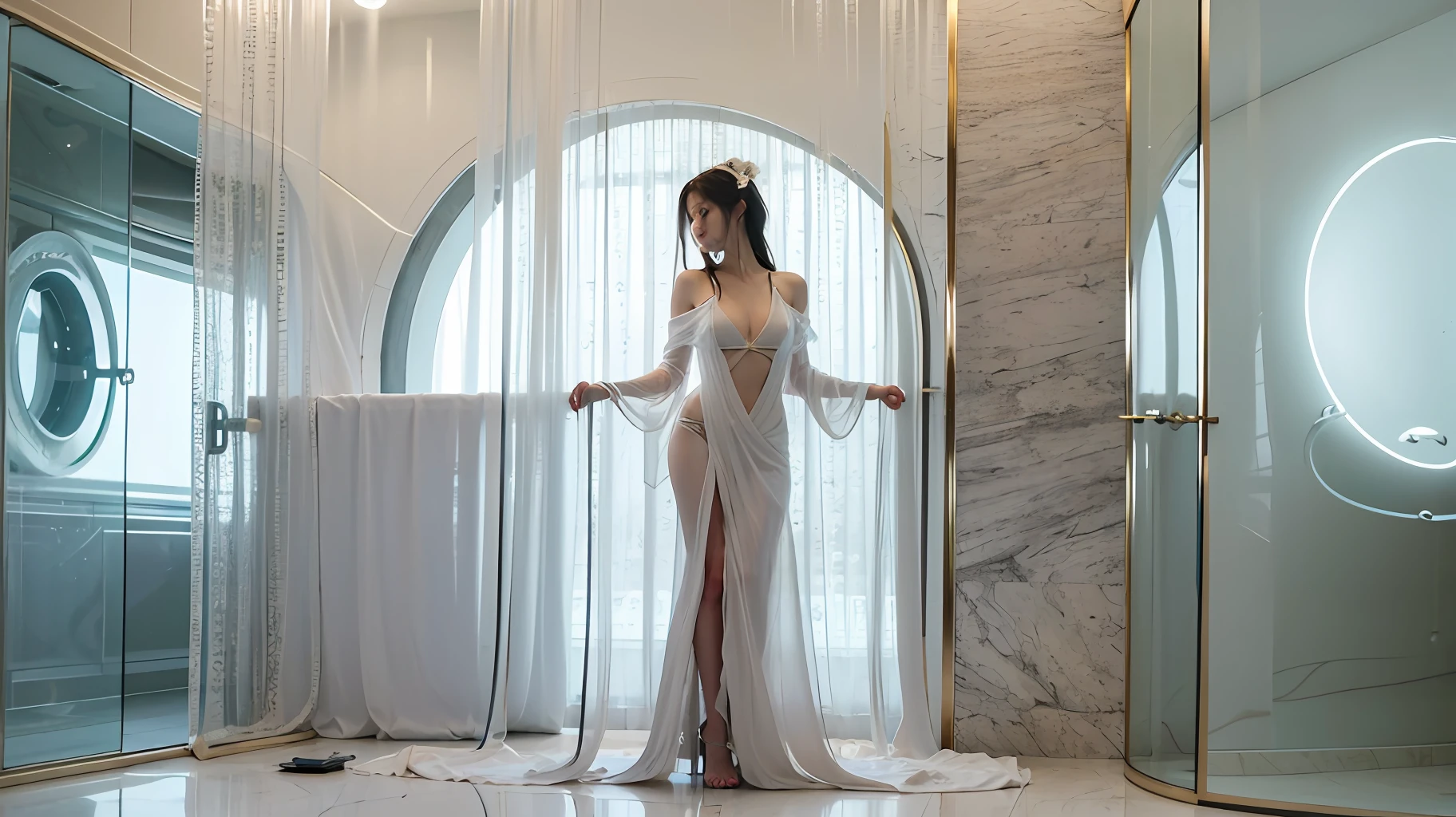 In the realm of Midjourney, an enchanting scene unfolds within a contemporary bathroom. A woman stands amidst the ethereal mist, her silhouette partially obscured by the swirling vapor. The atmosphere is suffused with a sense of tranquility and intimacy, as soft rays of light filter through the frosted glass windows, casting a gentle glow on the surroundings.
The bathroom is adorned with sleek, modern fixtures, exuding an air of sophistication. The walls are adorned with large mirrors, reflecting the woman's graceful form and creating an illusion of infinite space. Droplets of water cling to the mirrors, forming tiny rivulets that meander down, adding an element of elegance and sensuality to the composition.
The woman, a muse of purity and grace, stands under a cascading showerhead, enveloped in a gentle downpour of warm water. The droplets caress her skin, creating a mesmerizing interplay of light and shadow. As the water streams down her body, it forms delicate rivulets, tracing the contours of her curves.
The steam rises from the floor, intertwining with the mist, creating an otherworldly ambiance. It dances around the woman, enveloping her like a veil, hinting at the private sanctuary of self-care and introspection that the bathroom provides. The steam creates an evocative atmosphere, blurring the boundaries between reality and imagination.
The interplay of glass and water lends a surreal quality to the scene. The transparent glass surfaces, adorned with delicate water droplets, act as a metaphorical barrier between the woman and the outside world. It allows glimpses into her private realm, while still preserving an aura of mystery and solitude.
The lighting within the bathroom is carefully orchestrated, casting soft, diffused illumination that accentuates the woman's natural beauty. It creates a serene and dreamlike ambiance, accentuating the contours of her body and enhancing the interplay between light, water, and steam.
As you observe this captivating