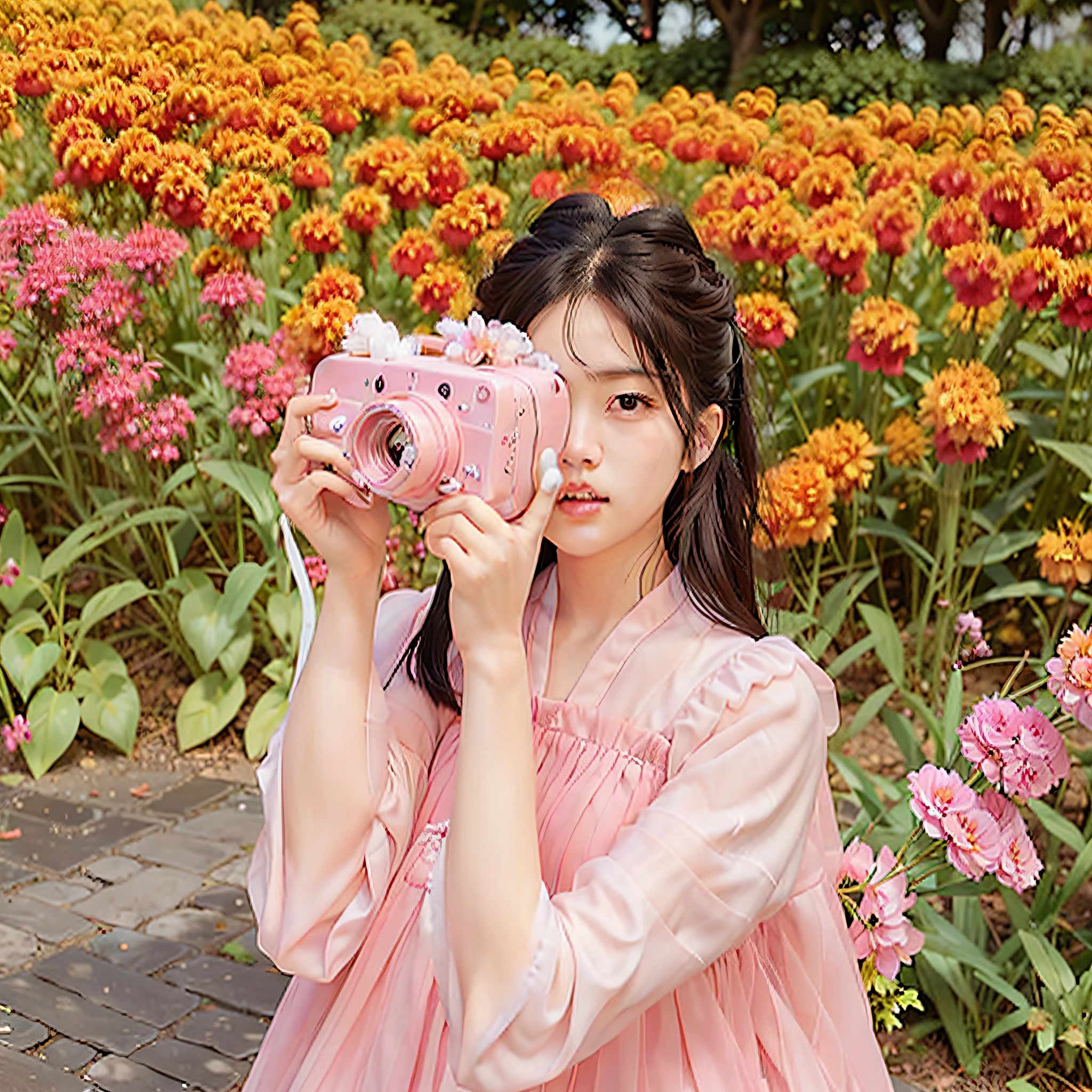 araffe woman in a pink dress holding a pink camera, with flowers, bae suzy, sha xi, kim doyoung, jaeyeon nam, ulzzang, by Yang J, jinyoung shin, (pink colors), belle delphine, taejune kim, jisoo of blackpink, by Ni Tian, jisoo from blackpink, dilraba dilmurat