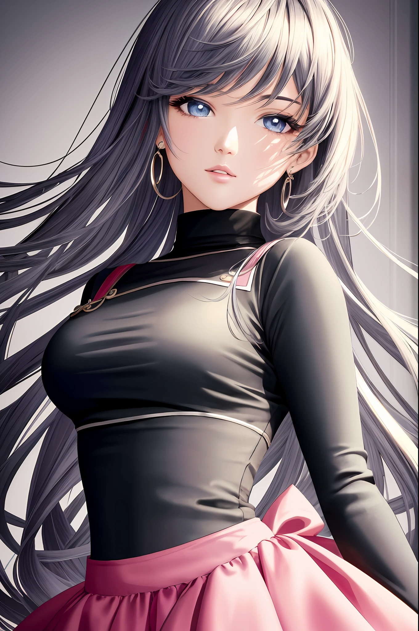 Illustration, anime style, (masterpiece, top quality, super detail, high resolution), perfect face, side lights, shiny skin, (bloom), (shine), lighting, ray tracing, 1girl, solo, black and silver hair, colorful color light shining eyes, summer short sleeves, hair bow, pink skirt, bow, pink bow, lips, upper body, curly, chest, turtleneck sweater, parted lips, jewelry, depth_of_field, highly detailed background, highly detailed background, masterpiece, super detail, great composition,dynamic angle,[bottle bottom],(wide shot), very delicate and beautiful,(best quality), (master work), depth of field, solo, extreme light and shadow, masterpiece, rich in detail, (fine features), (best quality), (masterpiece), ( Detail Eyes), (Beautiful) Detail,Beautiful Detail Eyes,(Straight On), Upper Body,(Very Detail CG Unity 8k wallpaper),(Masterpiece), (Best Quality), (Super Detail), (Best Illustration)(Best Shadow),Perfect Lighting,Perfect Anatomy