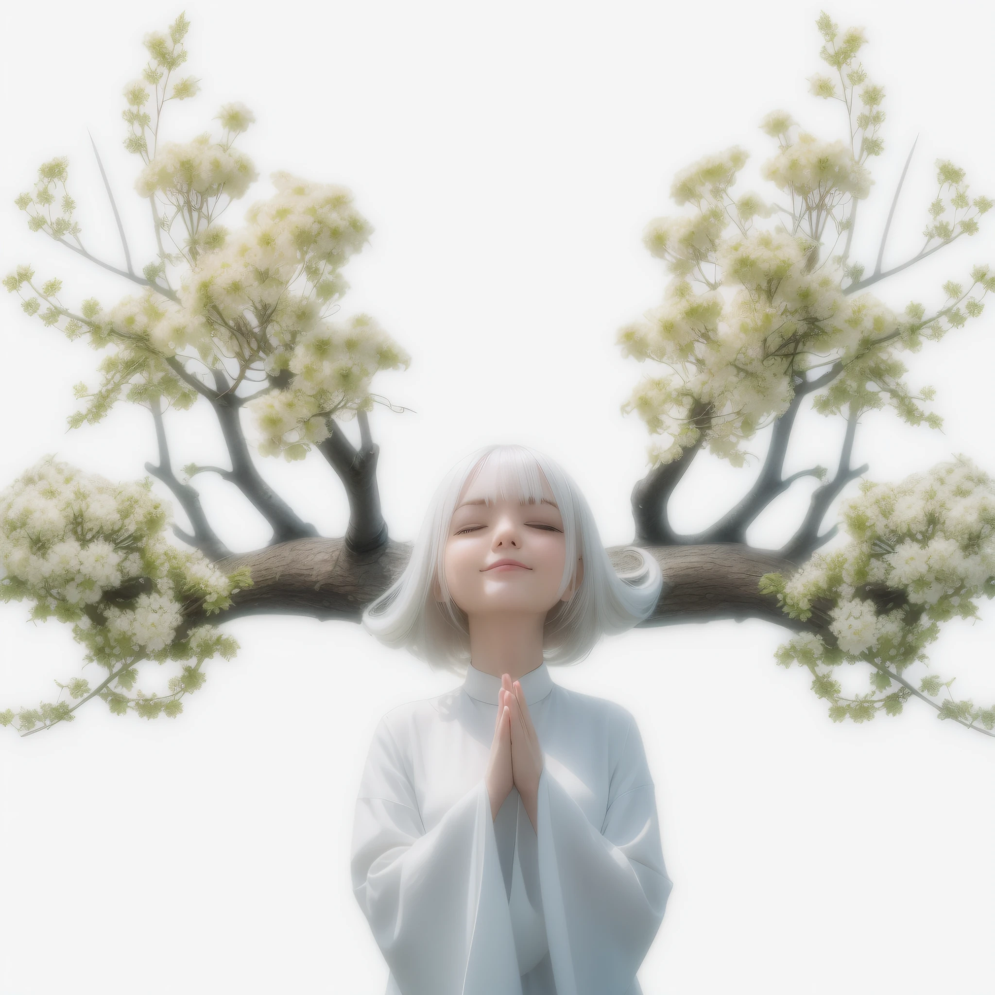 Close your mouth and eyes and smile gently, as if praying. Her hair color is white. The hairstyle makes the hair more tapered and playful. Gassho. The leaves growing from the branches are greener. Everything else is left as it is. 8k
