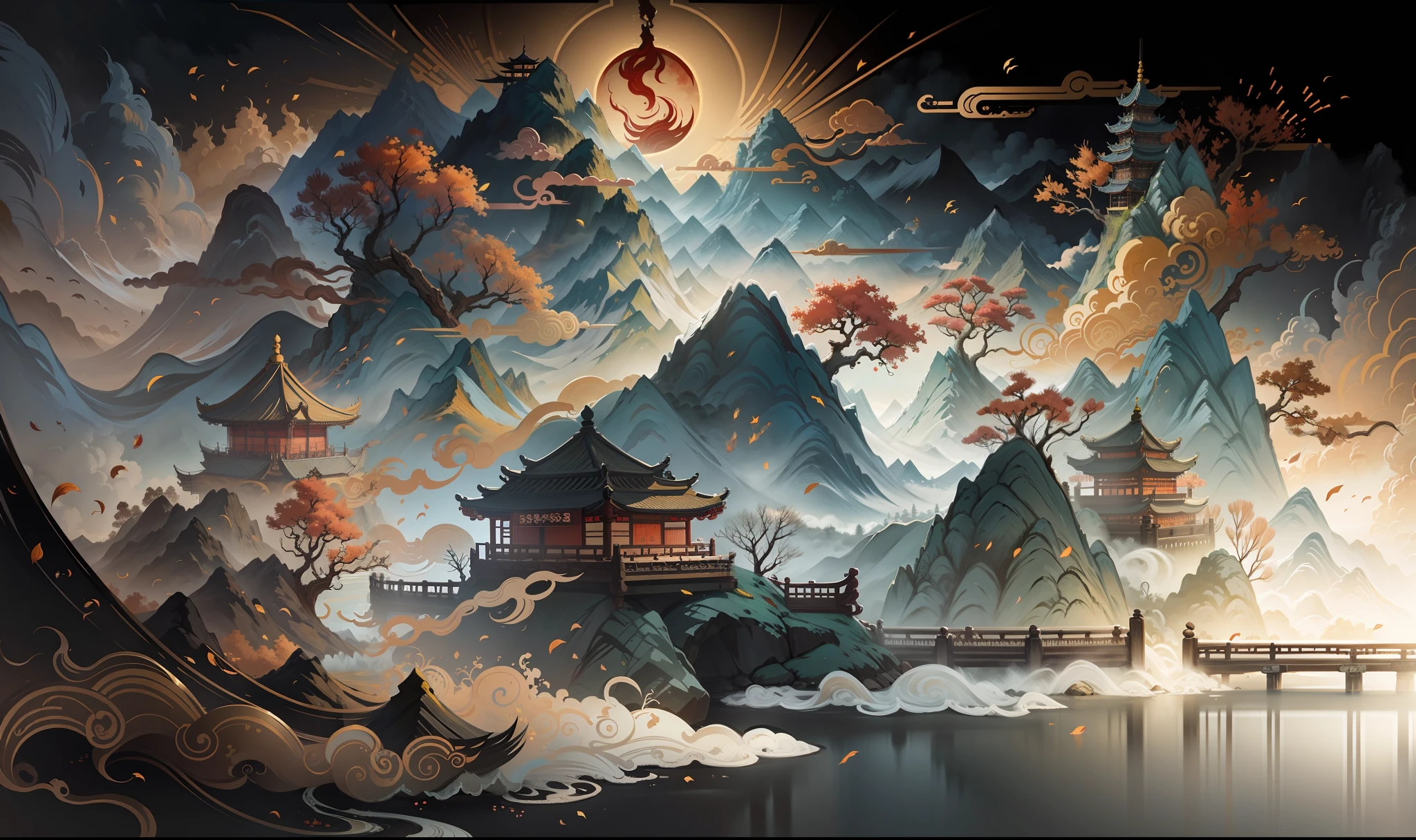 Ancient Chinese scenery, mountains, rivers, auspicious clouds, sunshine, masterpieces, super detail, epic composition, ultra HD, high quality, extremely detailed, official art, unified 8k wallpaper, Super detail, 32k -- v 6