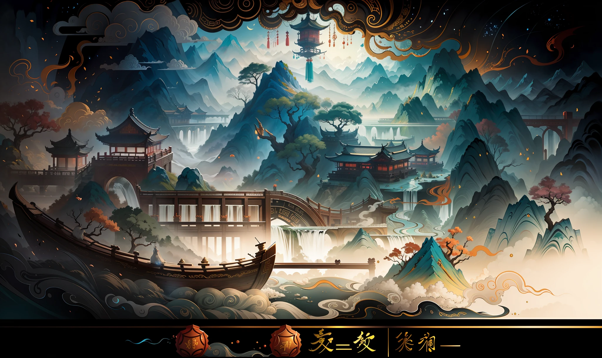 Ancient Chinese scenery, mountains, rivers, auspicious clouds, sunshine, masterpieces, super detail, epic composition, ultra HD, high quality, extremely detailed, official art, unified 8k wallpaper, Super detail, 32k -- v 6