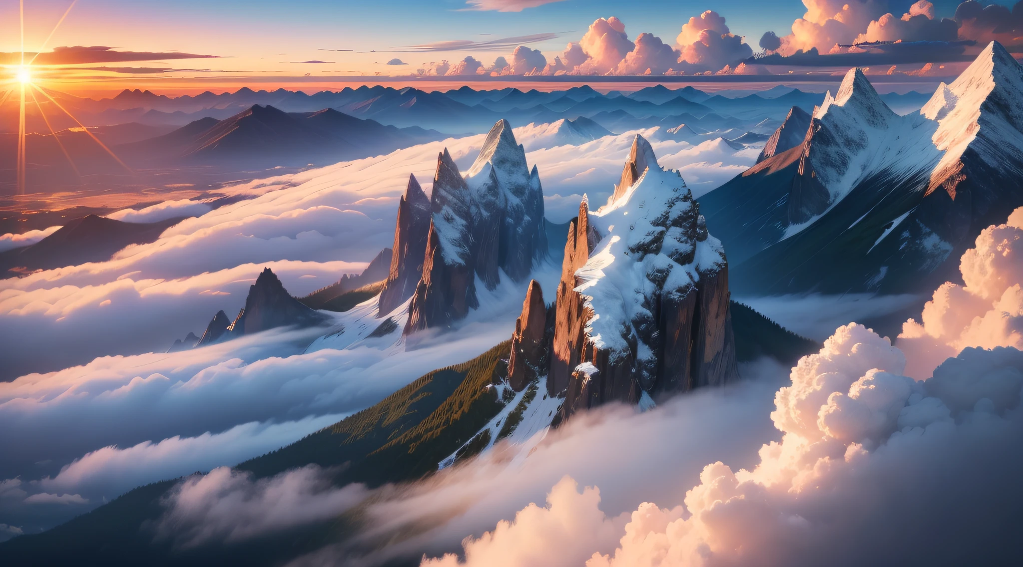 no humans, cloud, scenery, sky, sun, outdoors, above clouds, mountain, cloudy sky, sunset, sunrise, sunlight, blue sky, landscape, day，8k, super detail, ccurate, best quality