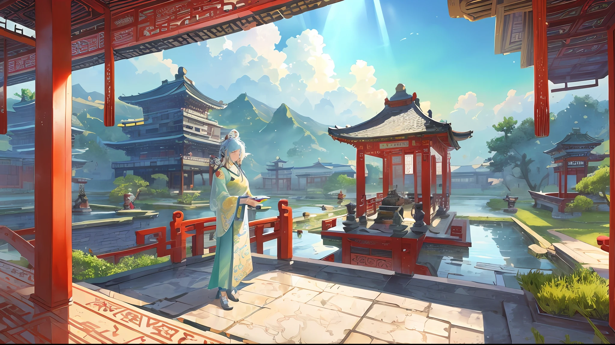 The game scene, the ancient Chinese palace is located above the clouds, Nantianmen, surrounded by clouds and mist, majestic, glazed tiles, Buddha statues, colorful rays of light, ((color ink)),((splash ink)),( (splash ink) ink) ink}) ), masterpiece, high quality, beautiful graphics, high detail --v 6