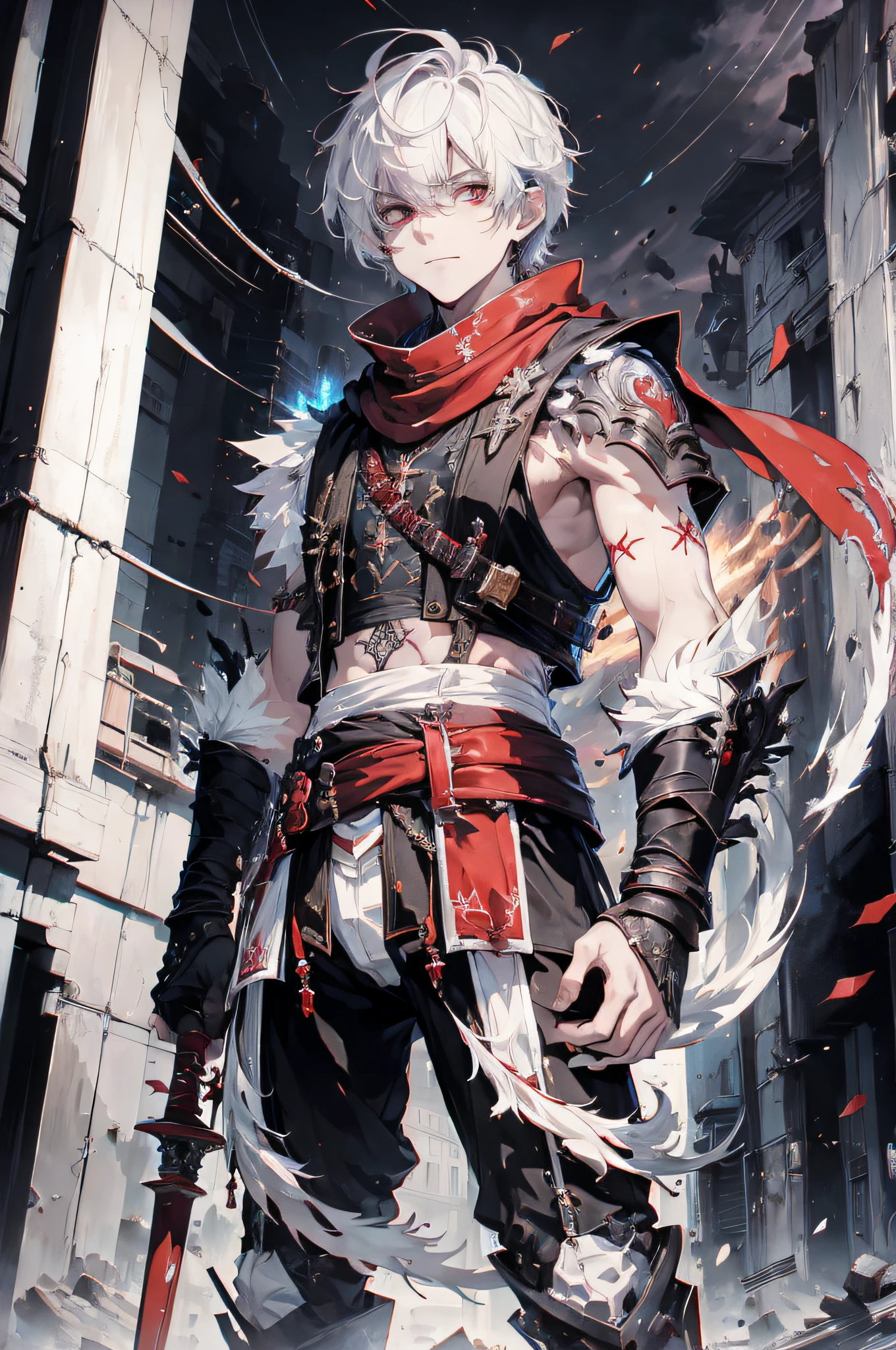 (absurdres, highres, ultra detailed), masterpiece, best quality, solo, a boy with white hair, ((red sleeveless outfit)), black scarf, carry two swords, tattoo, from below, look down, ruined city, dark background, swirl, spark