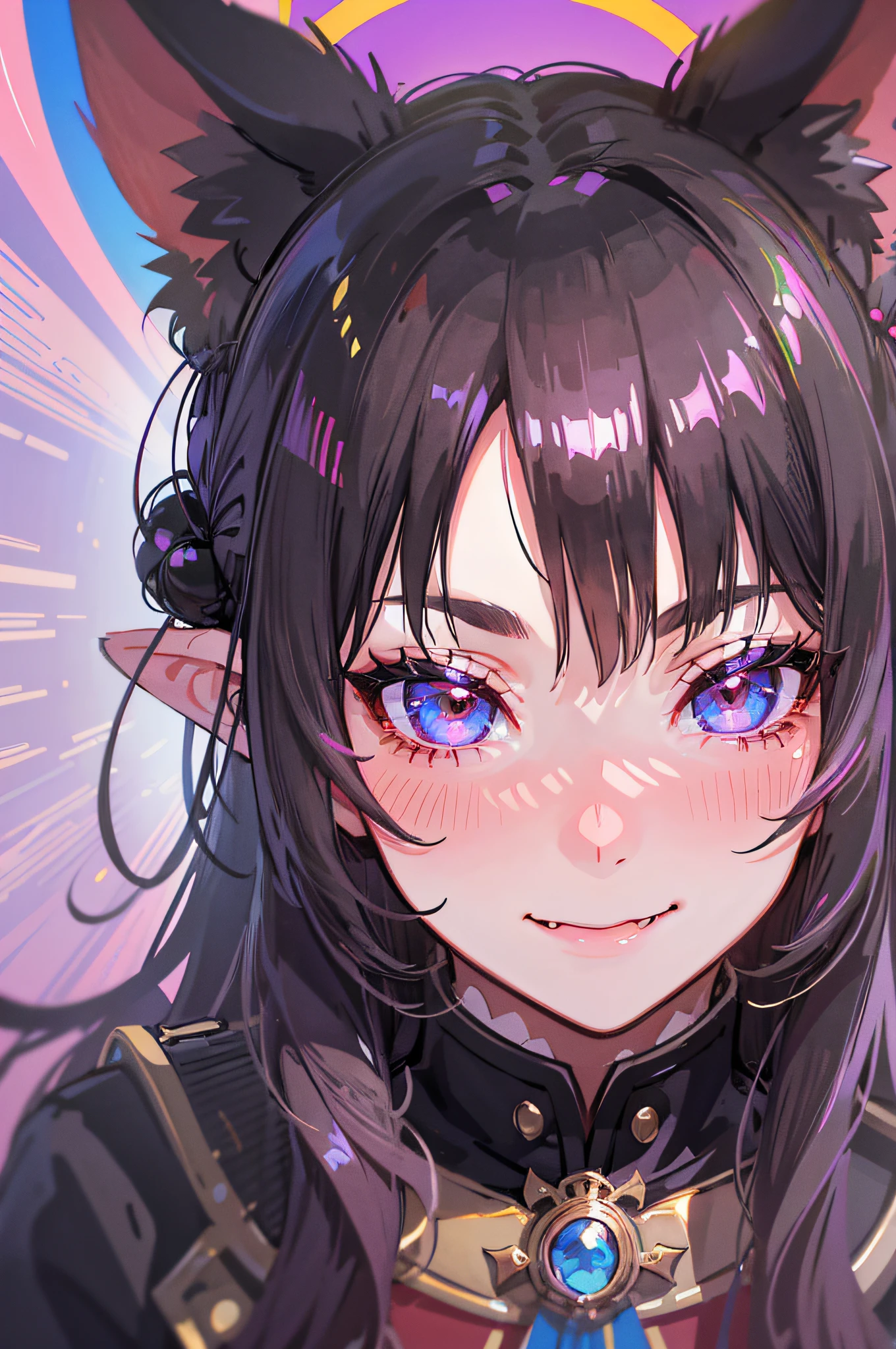 black hair, hair bobbles, wince, longeyelashes, solid circle eyes, fake animal ears, light smile, ear blush, fang, Surrealism, drop shadow, anaglyph, stereogram, tachi-e, pov, atmospheric perspective, 8k, super detail, ccurate, best quality