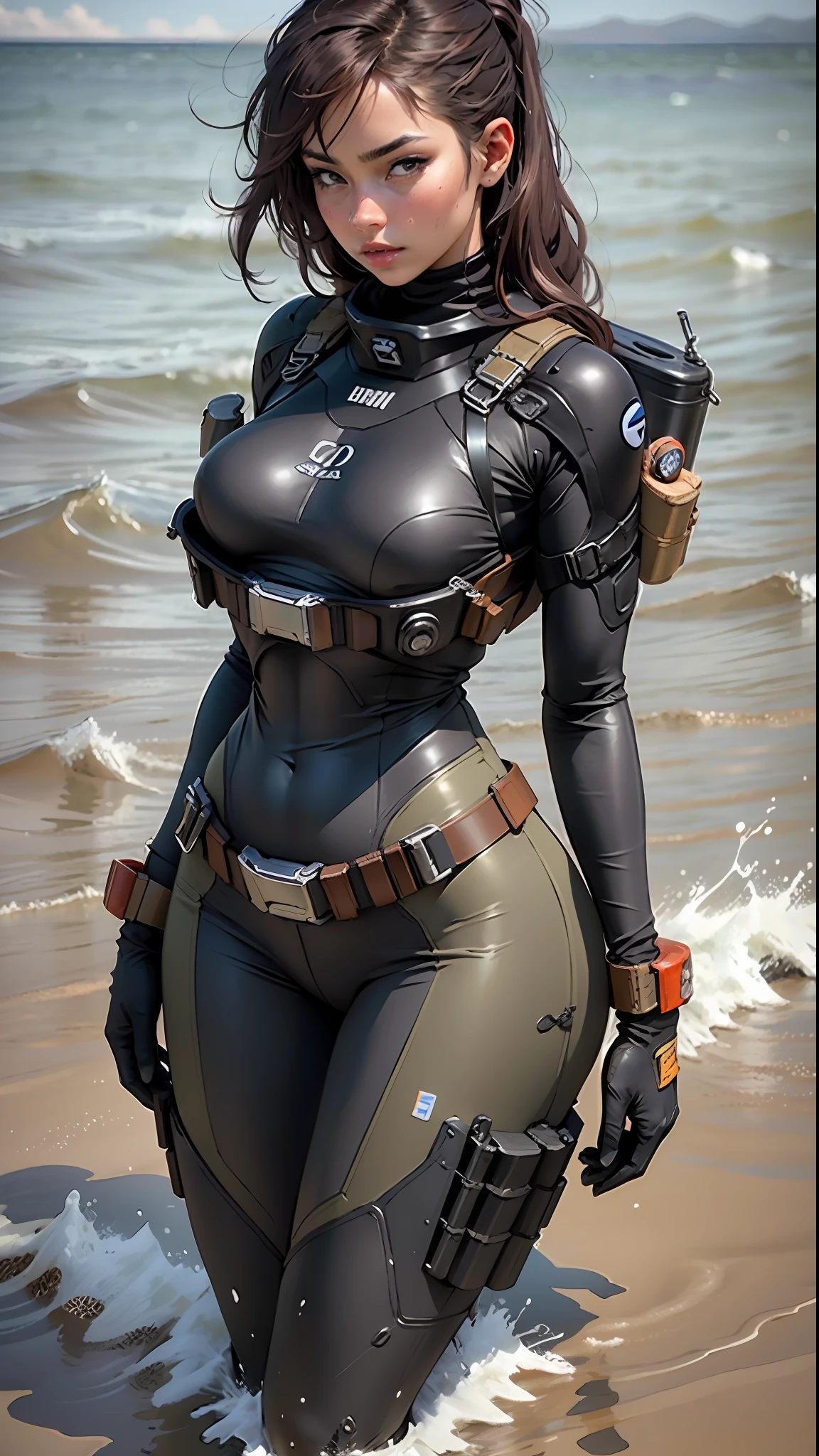 Beautiful woman with a detailed defined body, role-playing using "Brown Water" Navy Special Forces, wearing "Brown Water" Naval Special Forces costume, big breasts, thin waist, plump buttocks