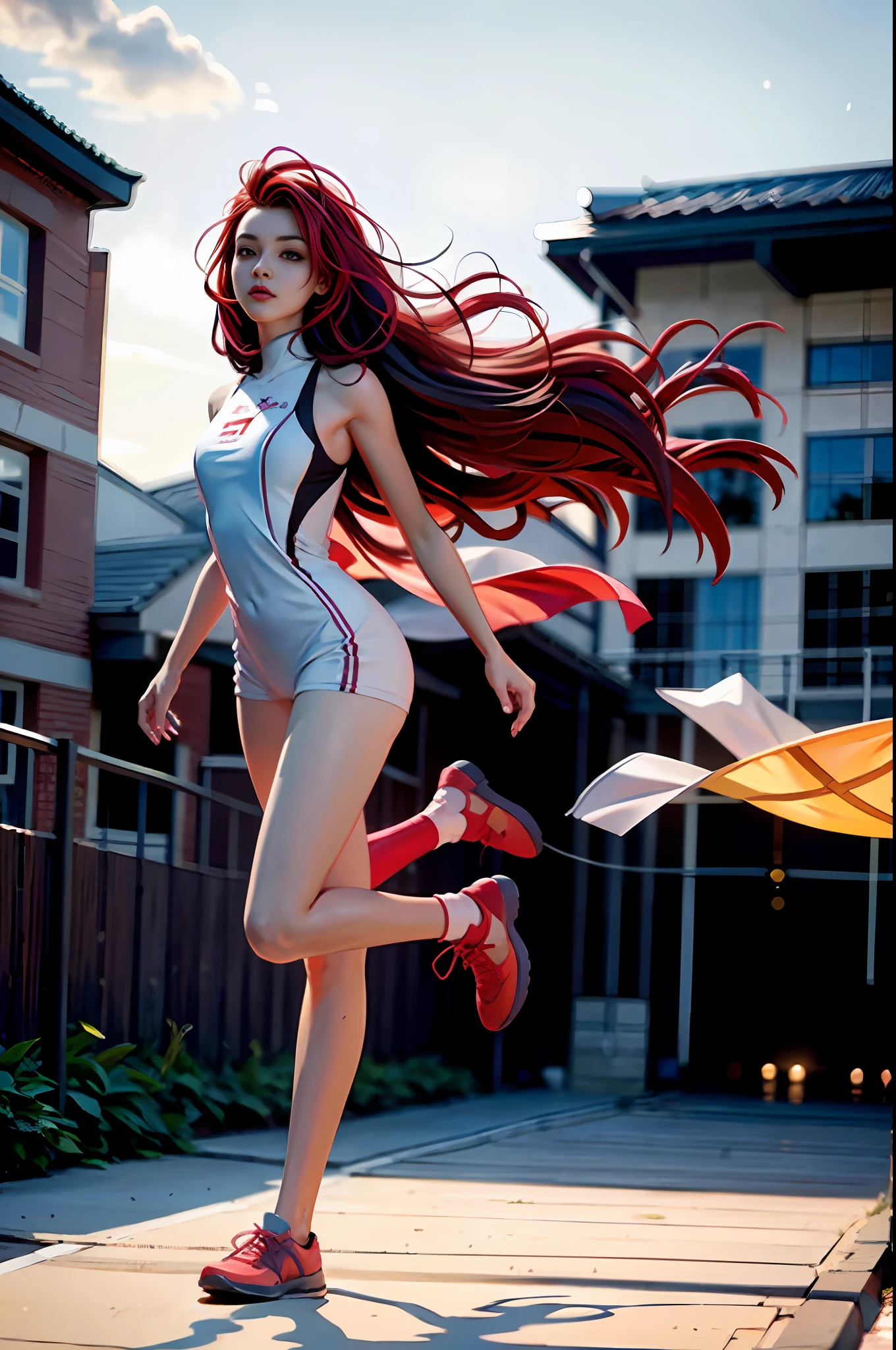(8k, best quality, masterpiece: 1.2), (realistic, realistic: 1.37), super detailed, best quality, super high resolution, basketball court, depth of field, clear focus, sunlight, good composition, (bokeh: 1.2) 1girl, solo, (full body), (mouth closed), beautiful and detailed eyes, posture, narrow waist, basketball suit, red hair, messy hair, long hair fluttering in the wind