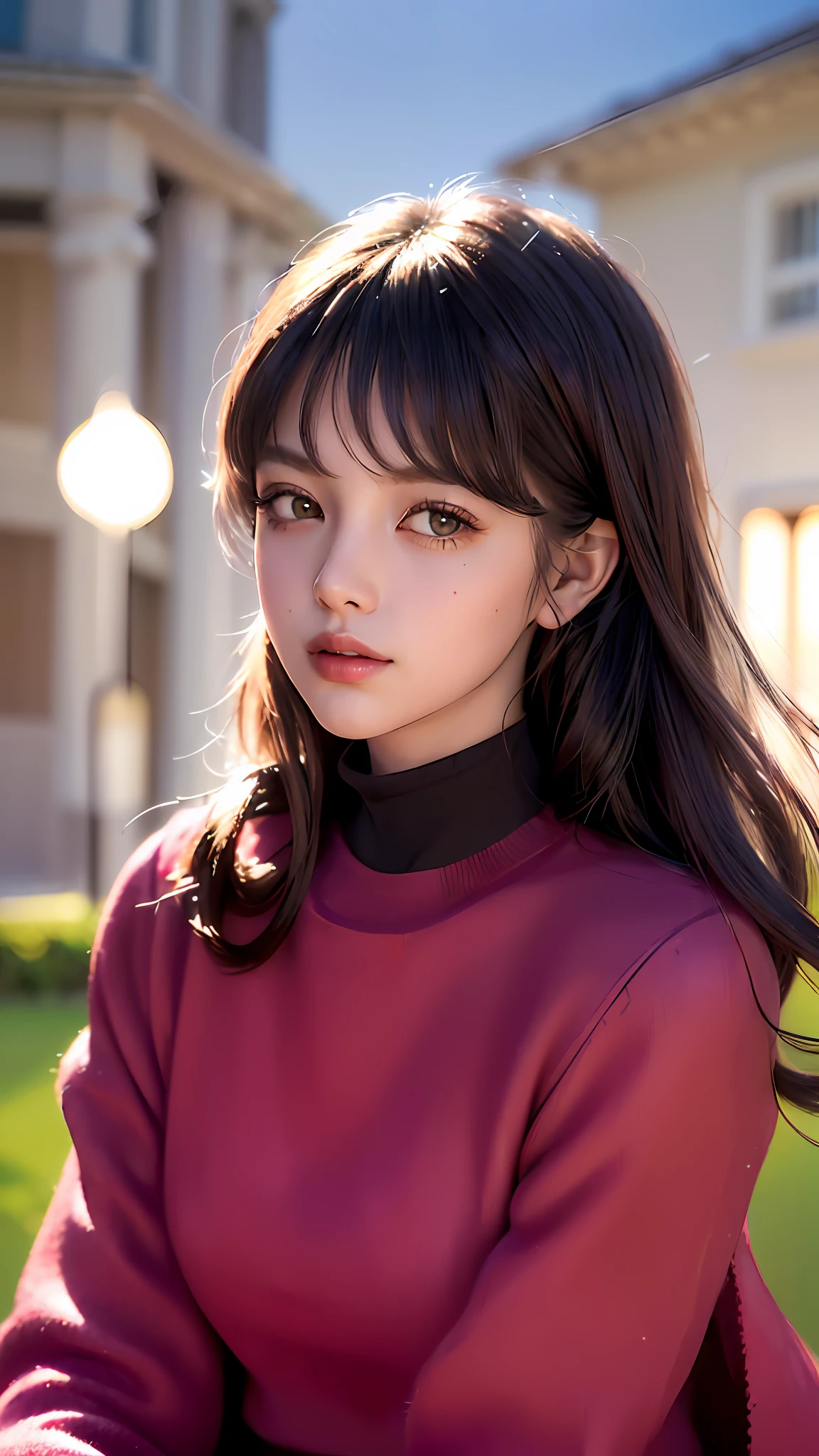 Masterpiece, Best Quality, High Resolution, (White Background: 1.4), [Glitter], [Looking at the Viewer, Portrait, 1 Sweet Chinese Girl], (Country Street,,, (Outdoor, Night: 1.5, Ultra Elongated Face, ((Realistic Lighting, Best Quality, 8K, Masterpiece: 1.3)),, (Masterpiece, Best Quality, Ultra Detail, HD), Perfect Face, Side Light, Shiny Skin, (Blooming), (Glow), Lighting, Ray Tracing, A Girl Holding a Man, Black Hair, Sweater, black beautiful eyes, skirt, dress, hair bow, pink skirt, sitting straight, bow, lips, turtleneck sweater, upper body, curly hair, chest, turtleneck sweater, parted lips, jewelry, (masterpiece), (best quality), (super detail), (best illustration) (best shadow), perfect lighting, perfect anatomy