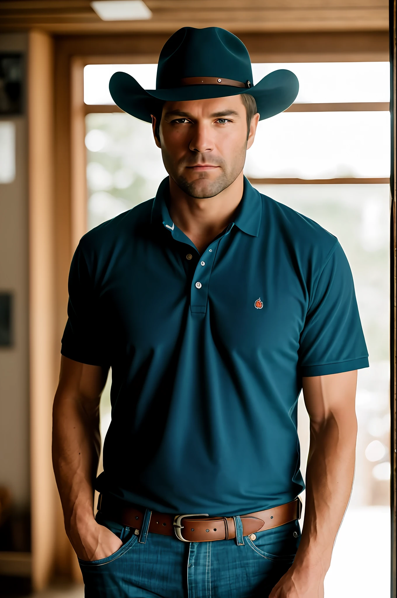 RAW Photo, Arthur Morgan's (portrait: 1.2), wearing polo shirt (high detail skin: 1.2), 8k uhd, DSLR, soft light, high quality, film grain, Fujifilm XT3