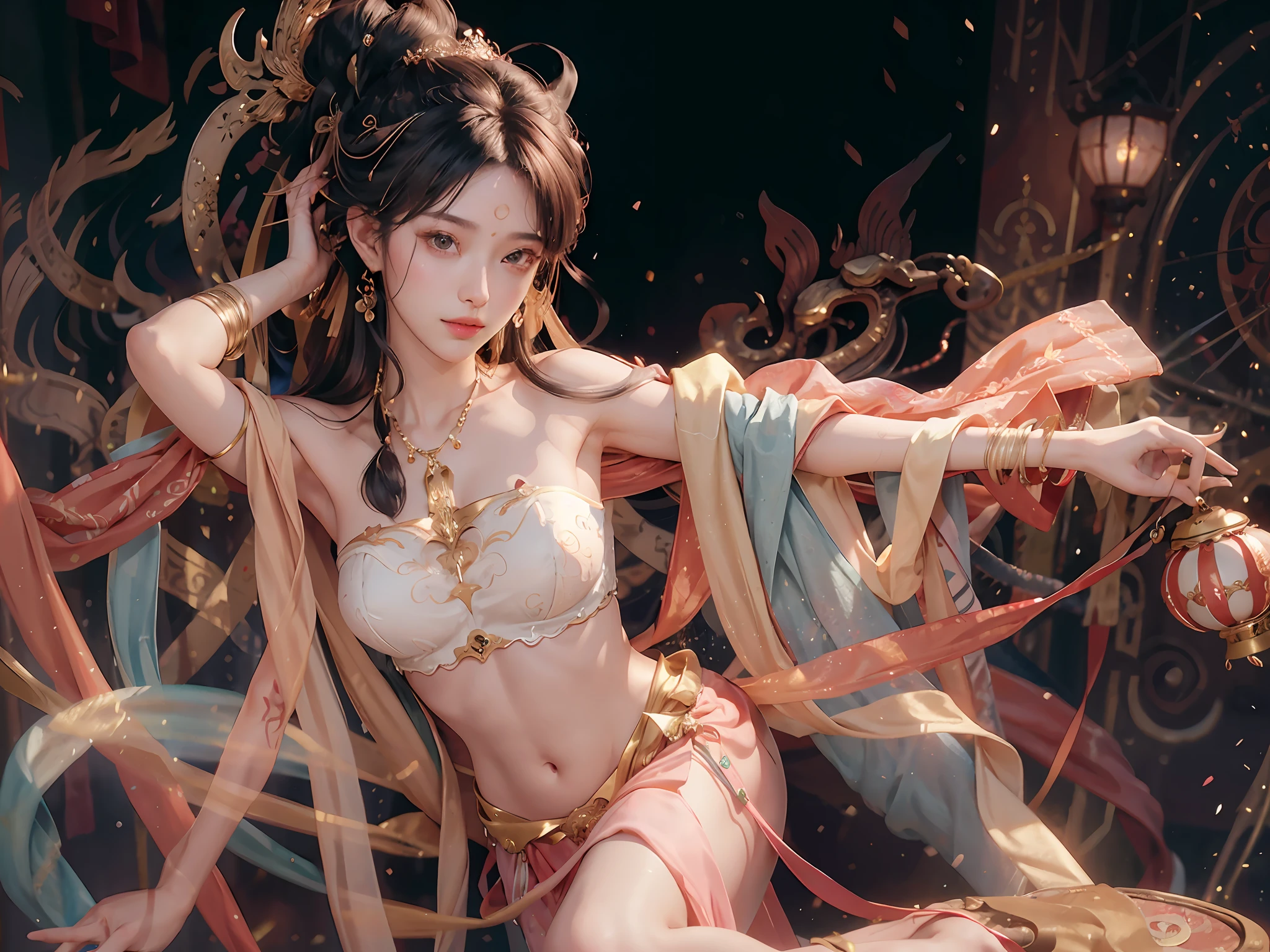 (RAW Photo, Best Quality), (Realistic, Photorealistic Real: 1.3), Best Quality, Highly Detailed, Masterpiece, Ultra Detailed, Illustration, 1 Girl, upper_body, Dynamic Angle, World Mastery Theater, messy_long_hair, Best Quality, Extremely Delicate Beautiful Girl, Supple Fair Skin, Delicate Facial Features, Perfect Face, Sexy Collarbone, Delicate Forehead, Delicate Eyelashes, Delicate Eyes, Bare Shoulders, Stunning Beauty, Extreme Details, Realistic Details, Abdomen, navel, extremely detailed CG unified 8k wallpaper, ink, amazing, sexy, peach blossom eyes, light makeup, smile, movie lights, lens_flare, dunhuang_style, mother-in-law dance, bare shoulders, streamers, floating, lanterns, flying pipa girl,