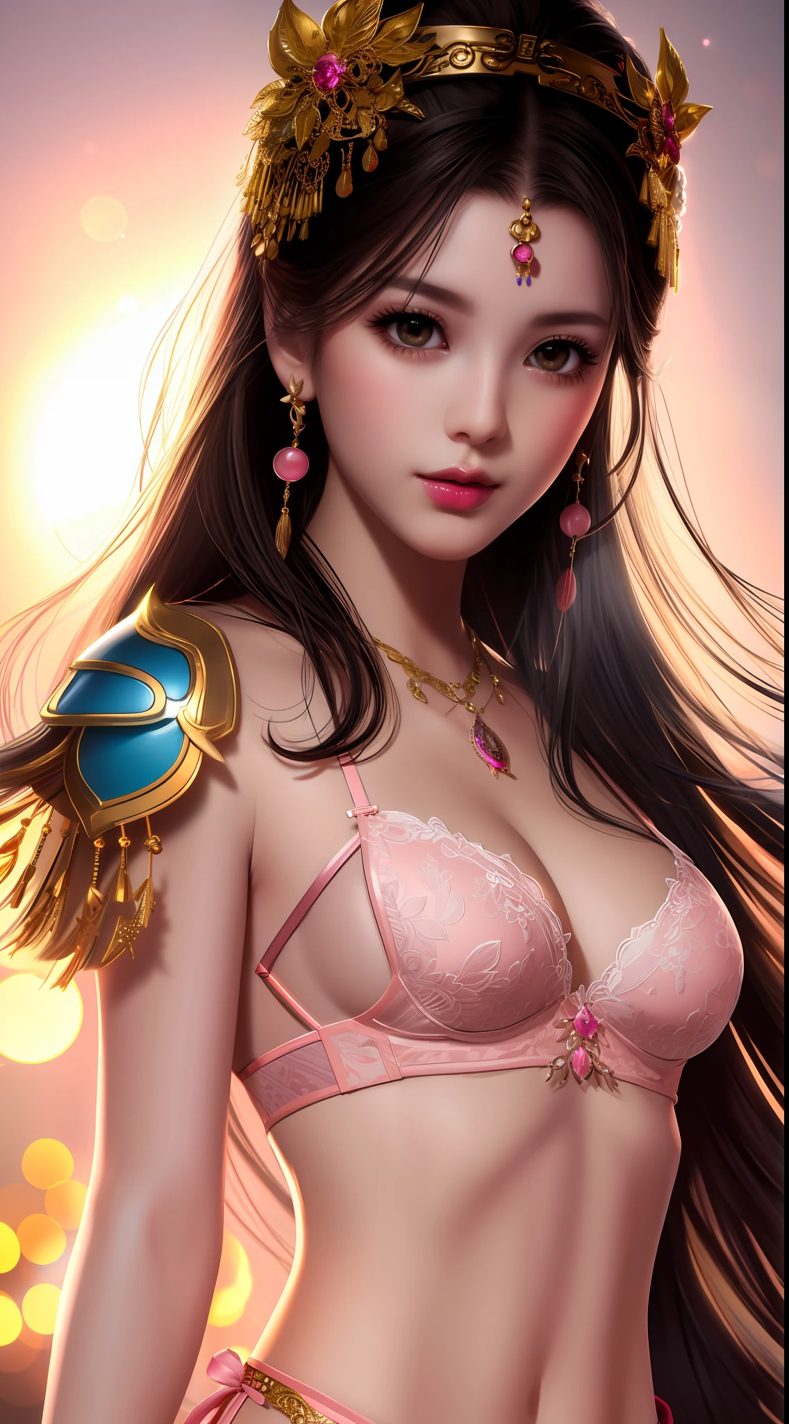 best quality, masterpiece, highres, 1girl, lingerie china armor, hair ornament, necklace, jewelry, Beautiful face, upon_body, tyndall effect, photorealistic, dark studio, rim lighting, two tone lighting, (high detailed skin:1.2), 8k uhd, dslr, soft lighting, high quality, volumetric lighting, candid, Photograph, high resolution, 4k, 8k, Bokeh, medium breasts, (light pink lips),