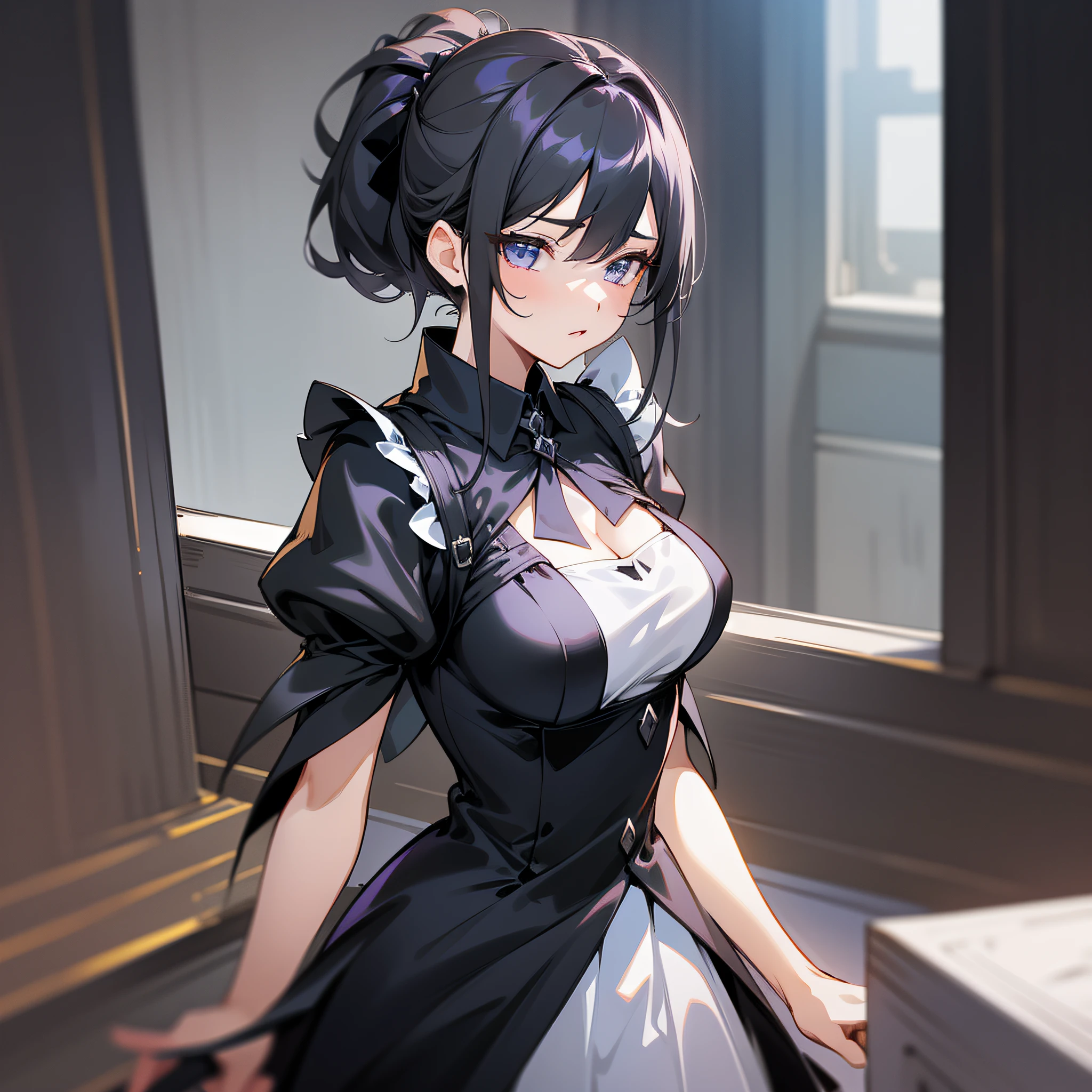 A girl, secretary dress, white top, black skirt, sexy black silk, high and cold looking, abstinence and royal sister appearance, only show the upper body (super complex details), (super detailed CG: 1.2), anime art style, high quality 8K anime wallpaper, RGB lighting