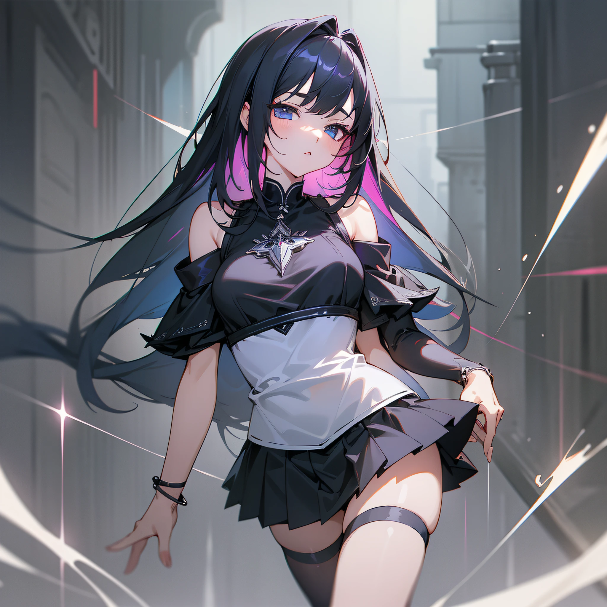 A girl, white top, black short skirt, sexy black silk, high and cold looks, a look of abstinence and royal sister, only showing the upper body (super intricate details), (super detailed CG: 1.2), anime art style, high quality 8K anime wallpaper, RGB lighting
