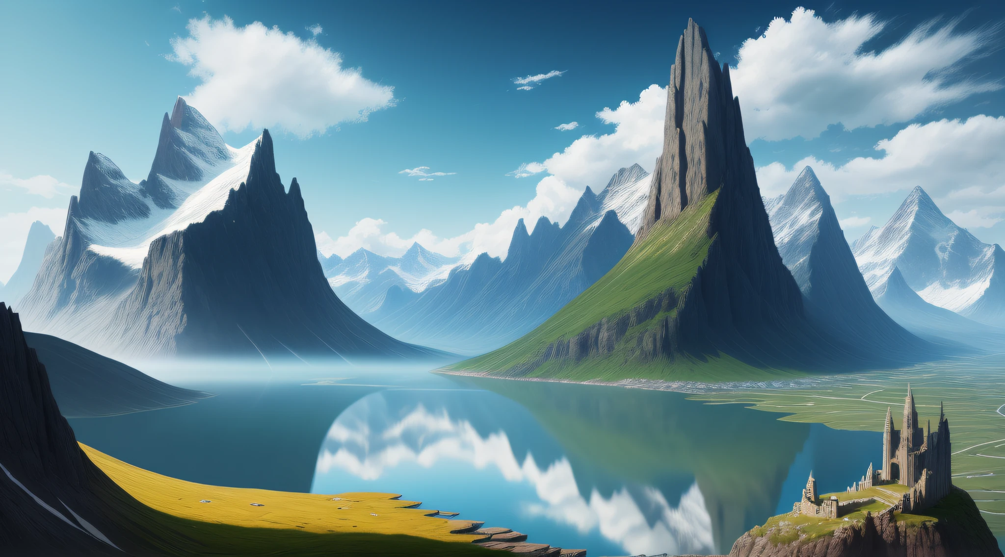 no humans, scenery, outdoors, mountain, sky, day, landscape, fantasy, water,8k, super detail, ccurate, best quality