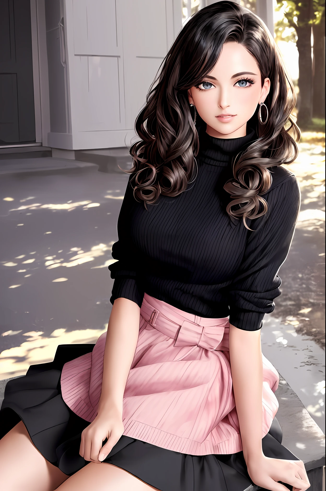 Country Street ,,, (Outdoor, Night: 1.5, Super Elongated Face, ((Realistic Lighting, Best Quality, 8K, Masterpiece: 1.3)),, (Masterpiece, Best Quality, Ultra Detail, HD), Perfect Face, Side Light, Glow Skin, (Bloom), (Glow), Lighting, Ray Tracing, A Girl, Lewd, Lewd Smile , Sitting on a Man, Black Hair, Sweater, Black Beautiful Eyes, Skirt, Dress, Hair Bow, Pink Skirt, Sit Straight, Bow, Lips, Turtleneck Sweater , cigarettes, curly hair, exposed chest, turtleneck, parted lips, jewelry, (masterpiece), (best quality), (super detail), (best illustration) (best shade), perfect lighting, perfect anatomy