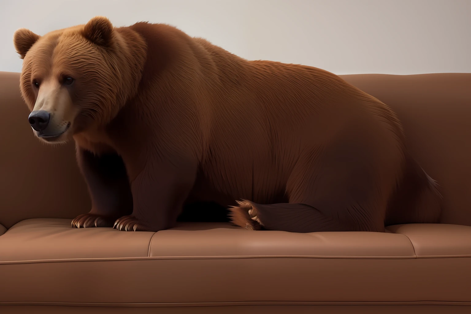 A brown bear crawling on a couch