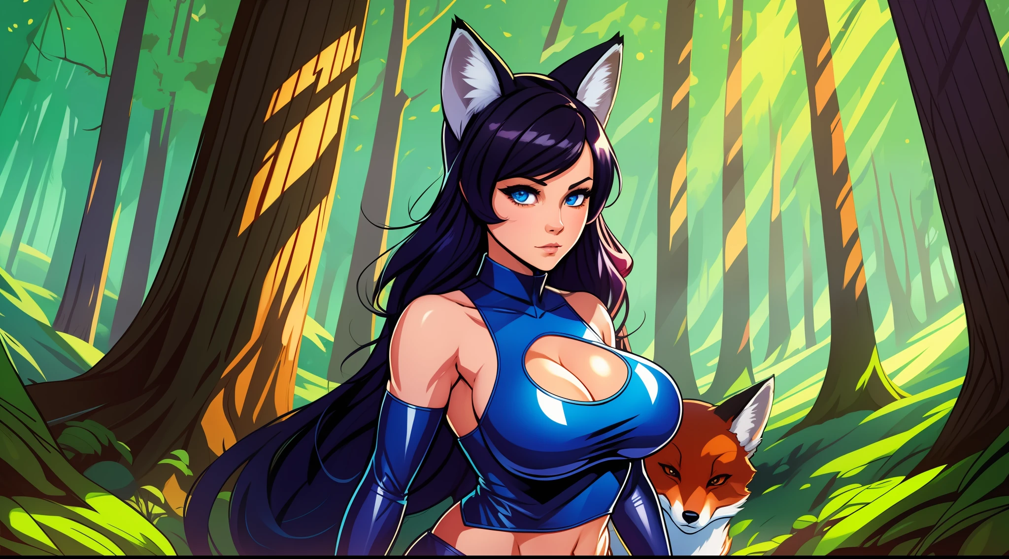 fox girl in a forest, fox ears, comics style art, lois van baarle and rossdraws, jen bartel, comic book art style, marvel comics style, martin ansin, bikini armor, huge breasts, black hair, blue eyes, wide hips, thick thighs, muscles, abs