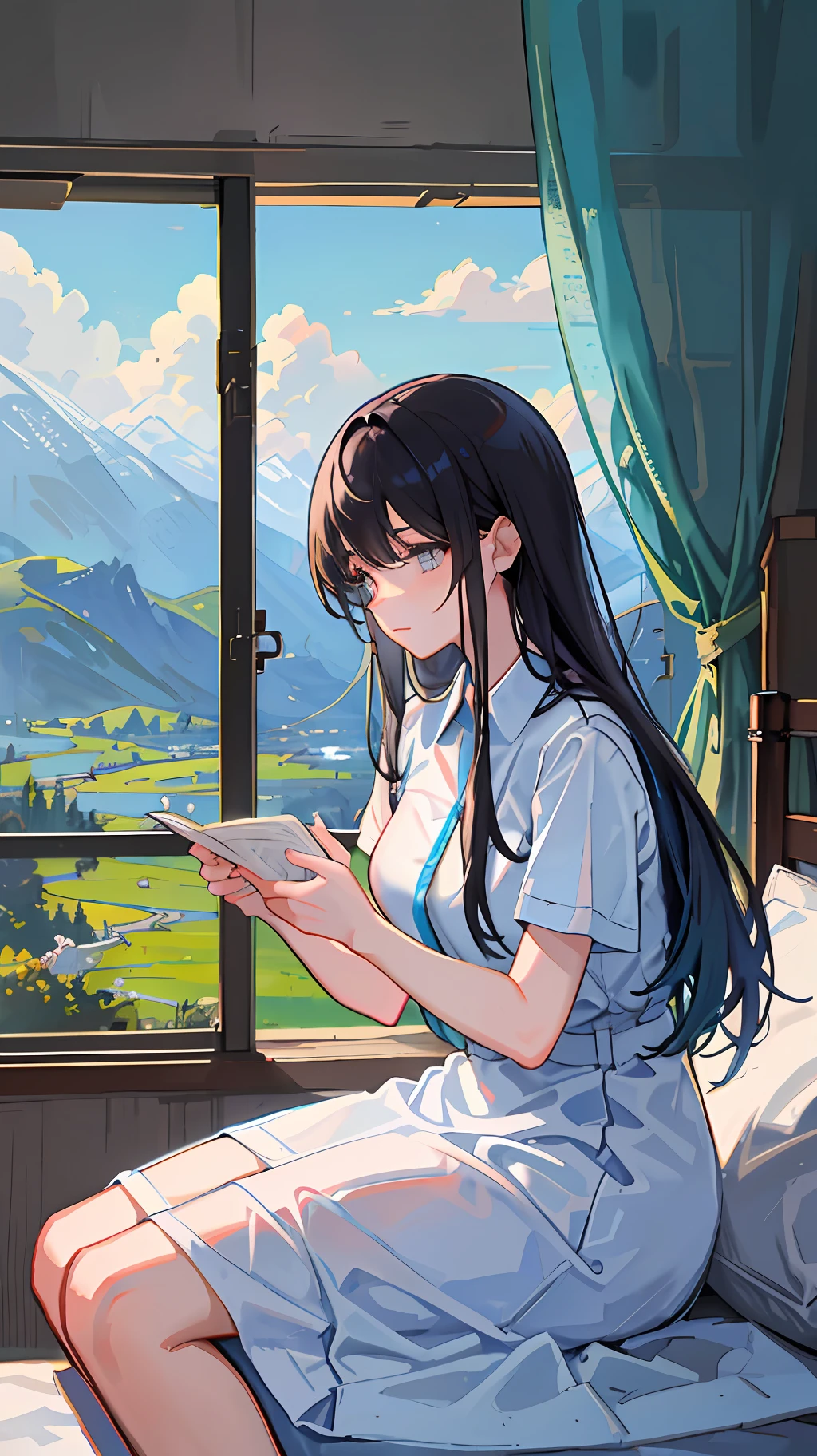 The girl was wearing a white nurse's outfit and sitting on the bed. She held a thick medical record in her hand and carefully flipped through it. The light blue curtains were gently blown by the breeze, casting a soft glow. The girl's face showed a hint of anxiety and exhaustion, but still revealed a sense of determination and concentration. On the wall behind her hangs a landscape painting of magnificent mountains and turquoise grasslands. The painting not only brightens the room, but also makes the girl feel a sense of serenity and comfort. Her gaze gradually became firm, and she seemed to be full of confidence and courage. Even though she is in the hospital, she is still working hard and contributing her to provide the best care for her patients. This girl showed the duties and mission of a nurse with her practical actions.