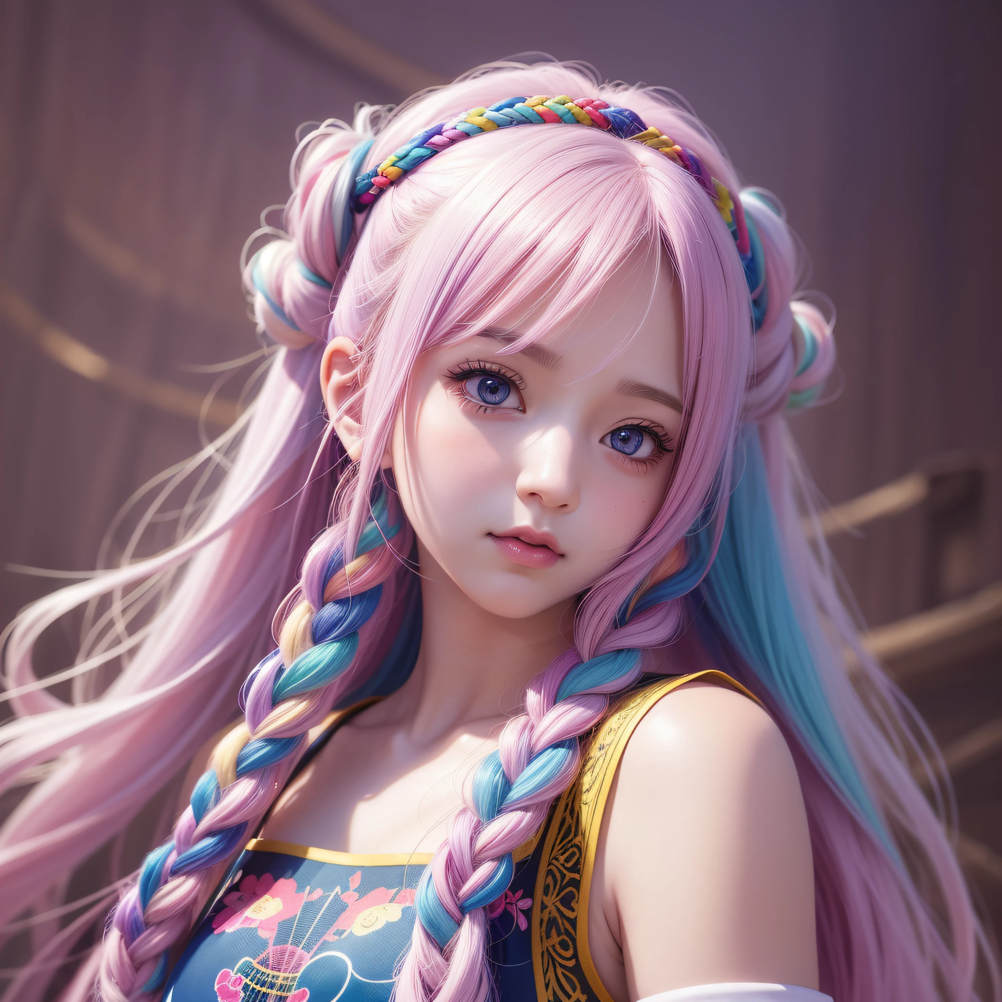 Close-up of a woman with long hair, colorful hair, kawaii realistic portrait, upper body portrait, front face shot, colorful braids, realistic hair, beautiful anime style, pure white background, white short sleeves, simple pattern on clothes, realistic anime art style, beautiful anime portrait, realistic anime art style, anime style. 8k, stunning anime face portrait, colorful]", vibrant fantasy style, cute art style, vibrant realistic color, anime realism style, beautiful anime girl, character as core, digital art, realistic style, live-action CG, colorful headband, live-action CG, sweet style, film style, HD 4K
