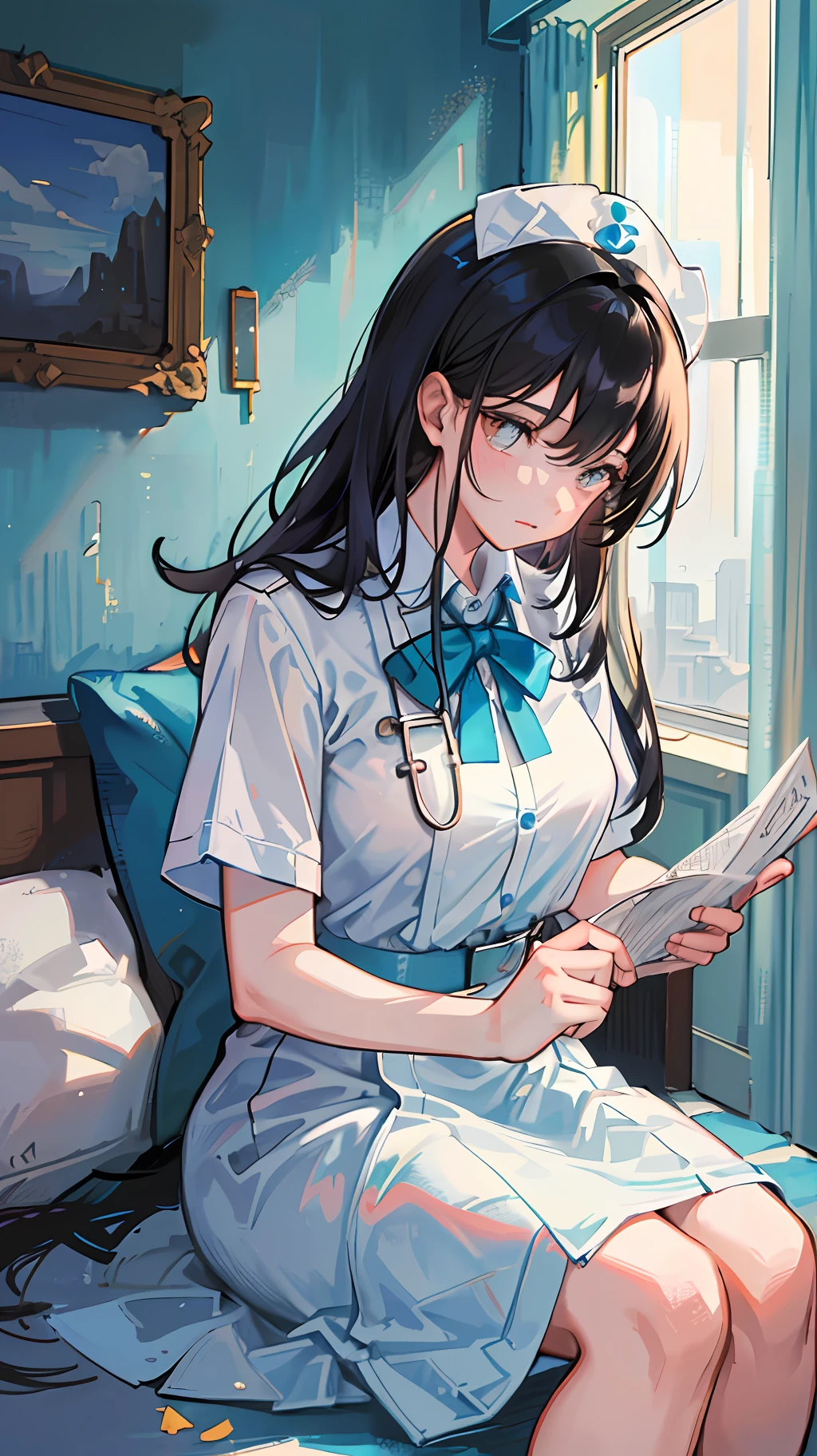 The girl was wearing a white nurse's outfit and sitting on the bed. She held a thick medical record in her hand and carefully flipped through it. The light blue curtains were gently blown by the breeze, casting a soft glow. The girl's face showed a hint of anxiety and exhaustion, but still revealed a sense of determination and concentration. On the wall behind her hangs a landscape painting of magnificent mountains and turquoise grasslands. The painting not only brightens the room, but also makes the girl feel a sense of serenity and comfort. Her gaze gradually became firm, and she seemed to be full of confidence and courage. Even though she is in the hospital, she is still working hard and contributing her to provide the best care for her patients. This girl showed the duties and mission of a nurse with her practical actions.