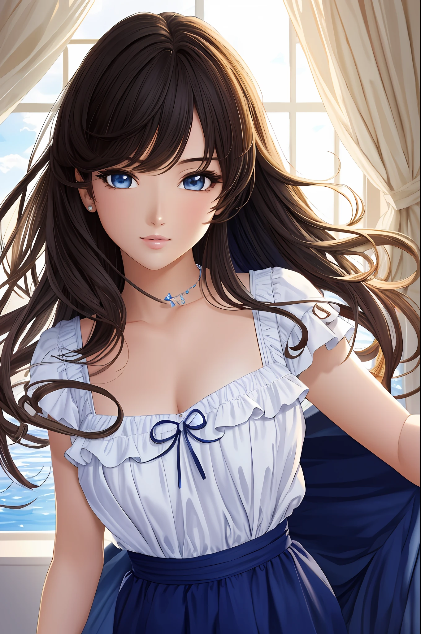 Illustration, anime style, (masterpiece, top quality, super detail, high resolution), perfect face, sidelights, shiny skin, (bloom), (shine), lighting, ray tracing, 1girl, solo, black hair, blue glowing eyes, summer short sleeves, hair bow, pink skirt, bow, pink bow, lips, upper body, curly hair, chest, parted lips, jewelry, depth_of_field, Very detailed background, very detailed background, masterpiece, super detail, great composition,dynamic angle,[bottle bottom],(wide shot), very delicate and beautiful,(best quality), (master work), depth of field, solo, extreme light and shadow, masterpiece, rich in detail, (fine features), (best quality), (masterpiece), (detail), (beautiful) detail, Beautiful Detail Eye,(Straight On), Upper Body,(Very Detail CG Unity 8k wallpaper),(Masterpiece), (Best Quality), (Super Detail)(Best Illustration)(Best Shadow),Perfect Lighting,Perfect Anatomy