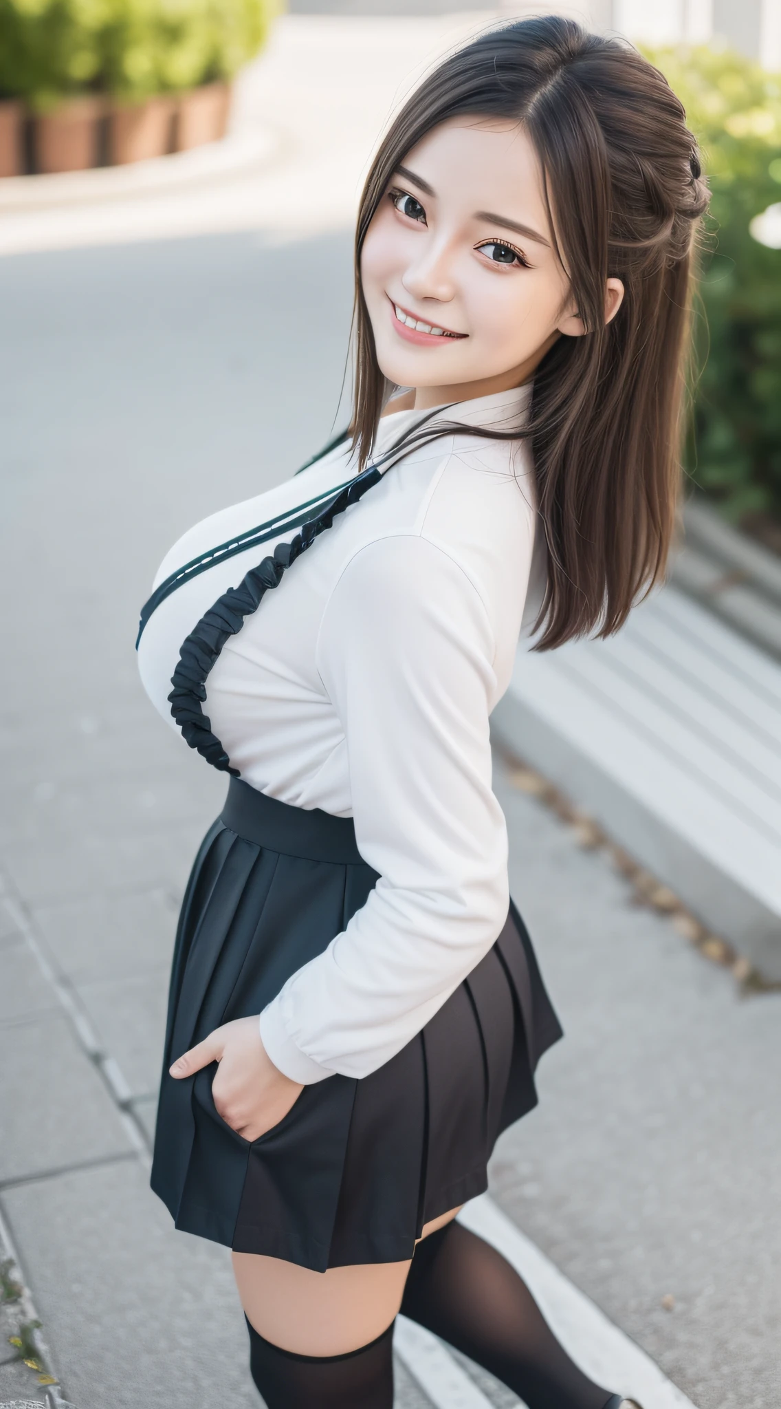 (8k, RAW photo, best quality, masterpiece: 1.2), (realistic, realistic: 1.37), ultra-high resolution, photon mapping, radiosity, physically based rendering, 1 Girl,, (brunet: 1.3), detailed face, detailed eyes, huge breasts, shiny skin, (pureerosface_v1:1.0), standing,pleated skirt,,Long legs,stockings,looking at the audience, (laughing cute: 1.2), (happy), healing cute, (Park Landscape: 1.2), (Night: 1.2), (Dark Theme: 1.5),