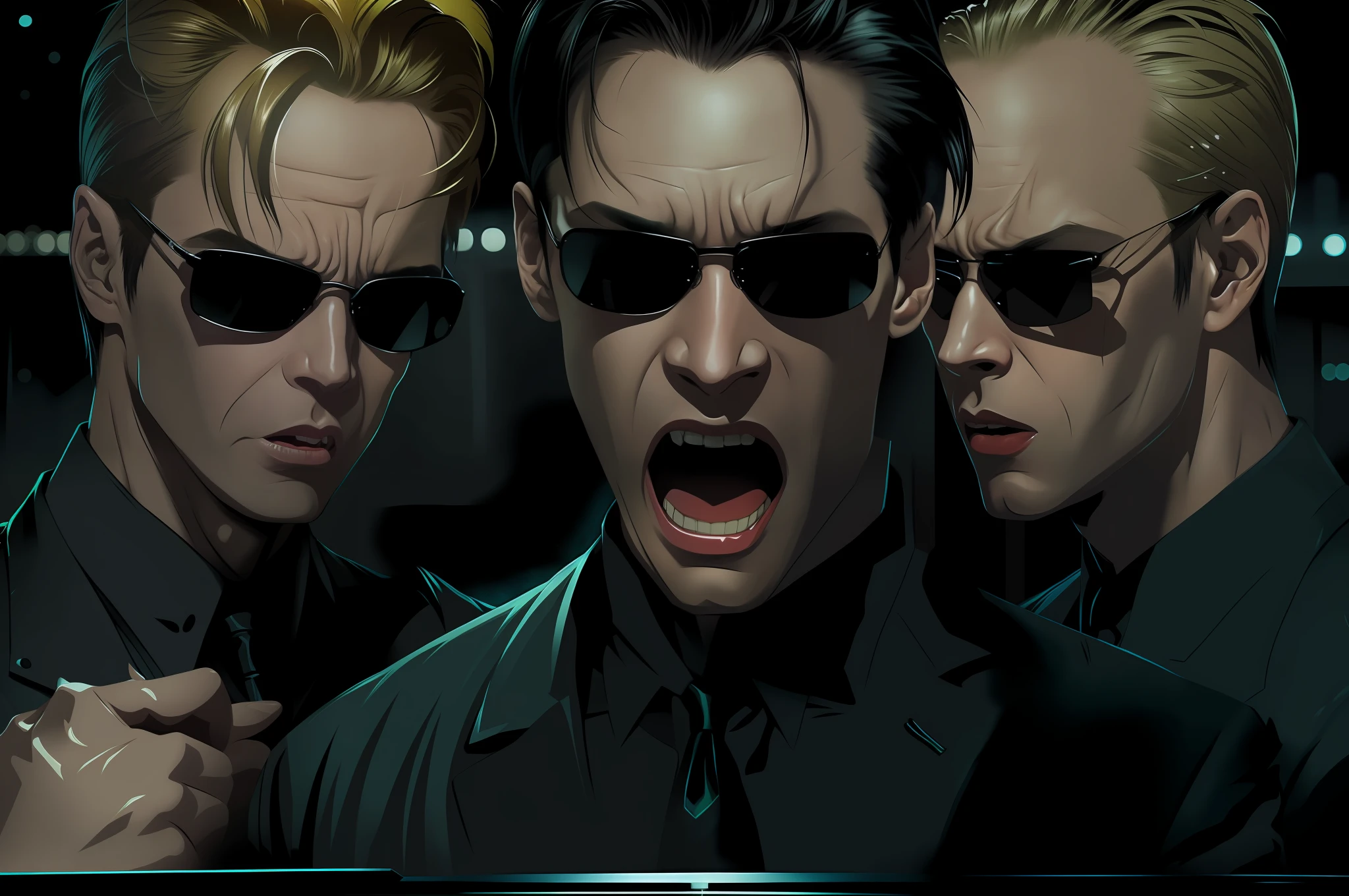 ((best quality)), ((masterpiece)), (detailed) fan art of (neo from the matix) face (((screaming))), ((neo from matrix face)) screaming, keanu reaves, the matrix (1999), sunglasses, night, 80mm, ((western animation)), (neo the matrix (1999)), (short hair), (tokyo street nights), (((screaming)))