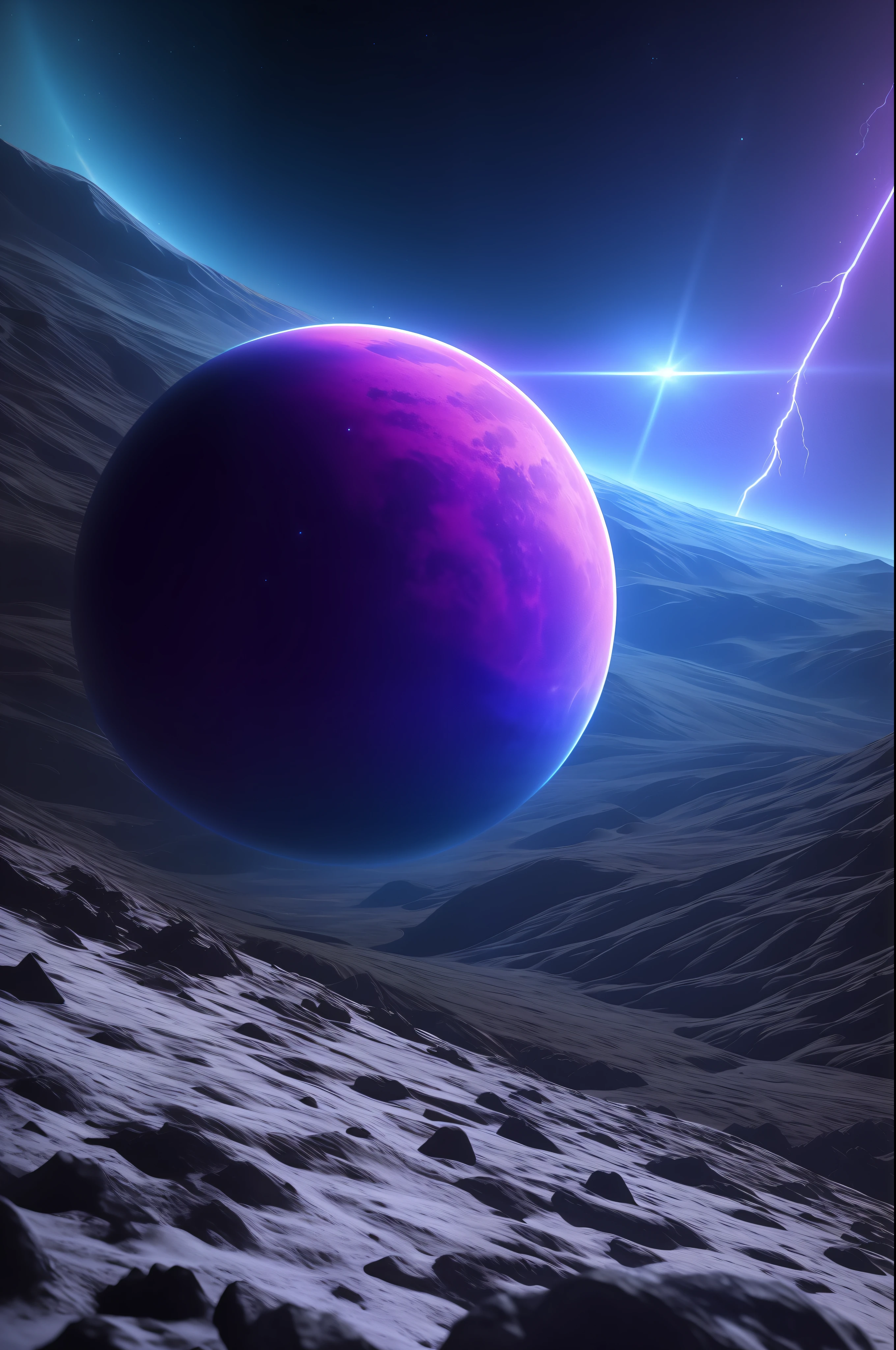 Planet from space, cosmic, purple, land, ocean, alien, solar system, colorful, fruitful, habitable, alien land, purple oceans, ice, birds, planet light years away, big, exoplanet, 8K resolution, ultra detailed, Fantasy vibe, centered, dreamlike, intricate detail, Cinematic Lightning, Unreal Engine, Realistic, Photorealistic, Hyper-detailed, insane details, Super-Resolution, Megapixel, FKAA, TXAA, RTX, SSAO, Post Processing