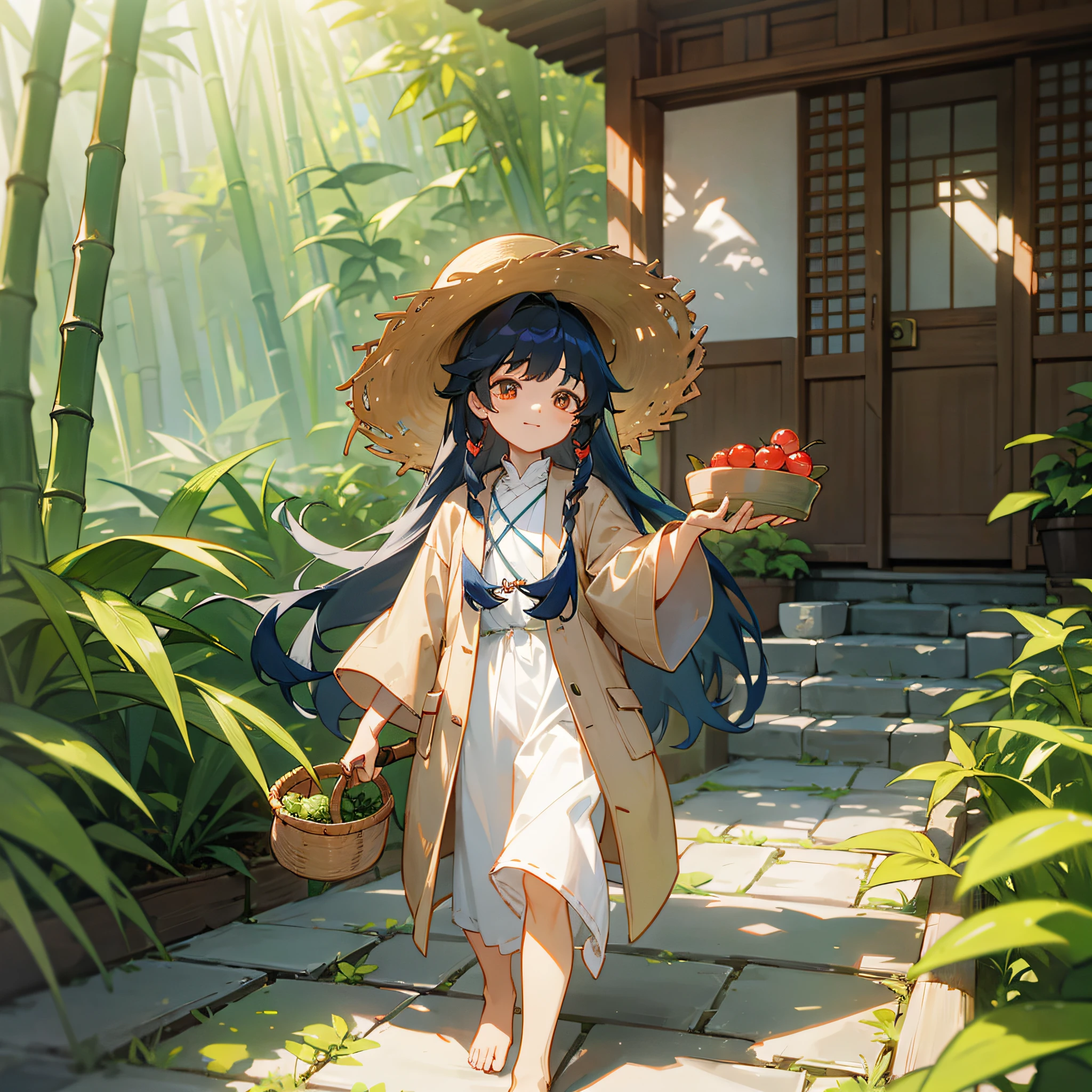 Xianju Dongkui Arbutus, a child in a coarse linen coat, barefoot, with a tattered straw hat, holding bayberry in his left hand and a bamboo basket in his right hand --auto --s2