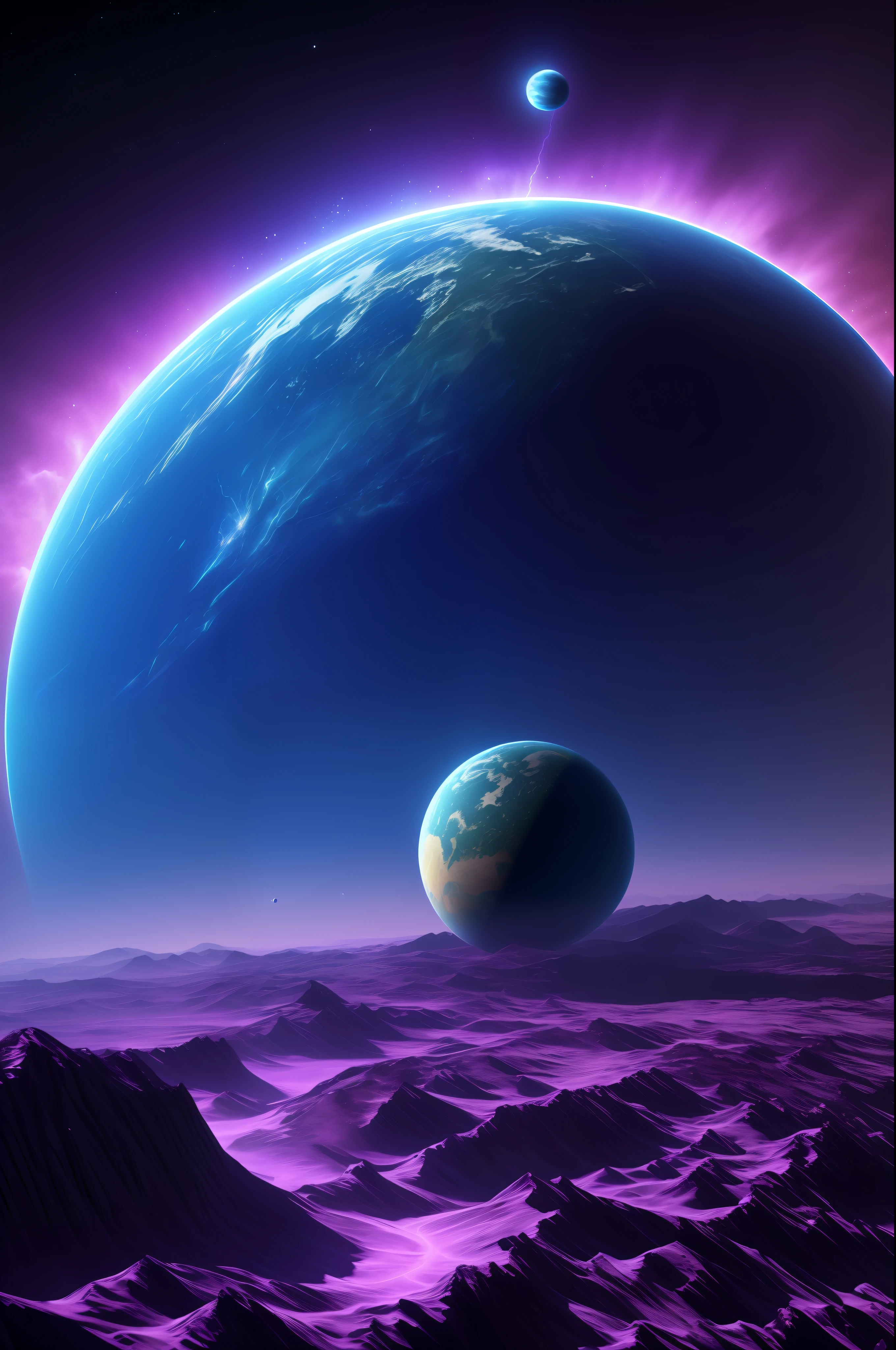 Planet from space, cosmic, purple, land, ocean, alien, solar system, colorful, fruitful, habitable, alien land, purple oceans, ice, birds, planet light years away, big, exoplanet, 8K resolution, ultra detailed, Fantasy vibe, centered, dreamlike, intricate detail, Cinematic Lightning, Unreal Engine, Realistic, Photorealistic, Hyper-detailed, insane details, Super-Resolution, Megapixel, FKAA, TXAA, RTX, SSAO, Post Processing