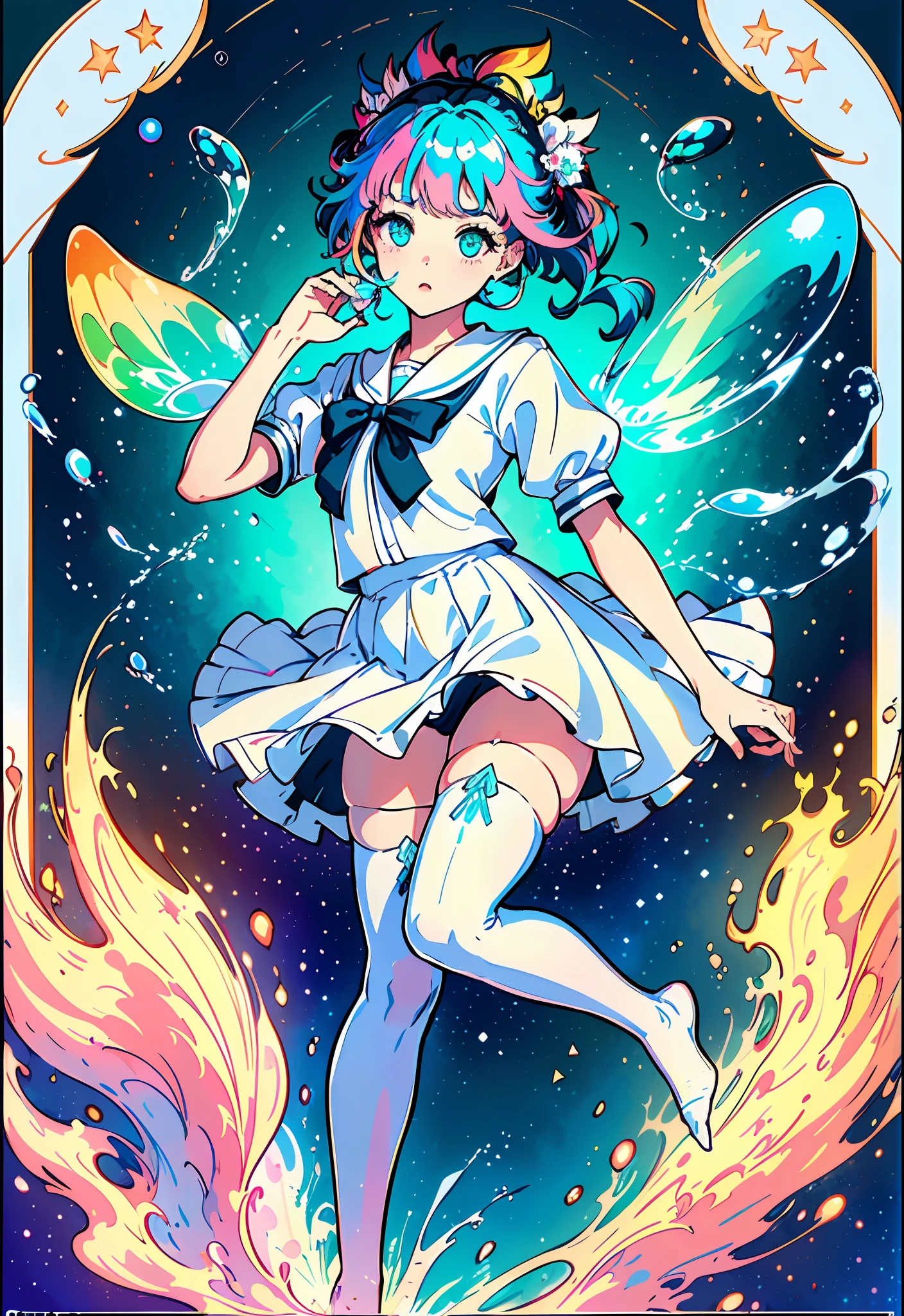 (masterpiece), (best quality), (official art, extremely detailed CG unity 8k wallpaper), (highly detailed), ((absurdres)), 1girl, mid shot, (exquisite facial features),(serafuku:1.3) ((sfw)),((clear hands)), ((white thighhighs without shoes)),aqua eyes, color contact lenses, stars in the eyes, (((colorful bubble))), colourful glass, (album cover)
