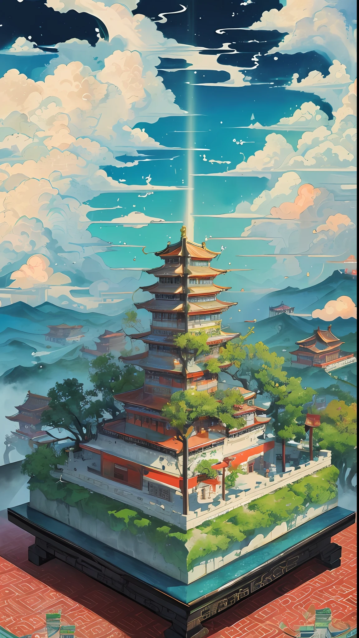 The game scene, the ancient Chinese palace is located above the clouds, surrounded by clouds and mist, majestic, glazed tiles, Buddha statues, colorful rays of light, ((color ink)),((splash ink)),((splash ink) ink}) ), masterpiece, high quality, exquisite graphics, high detail