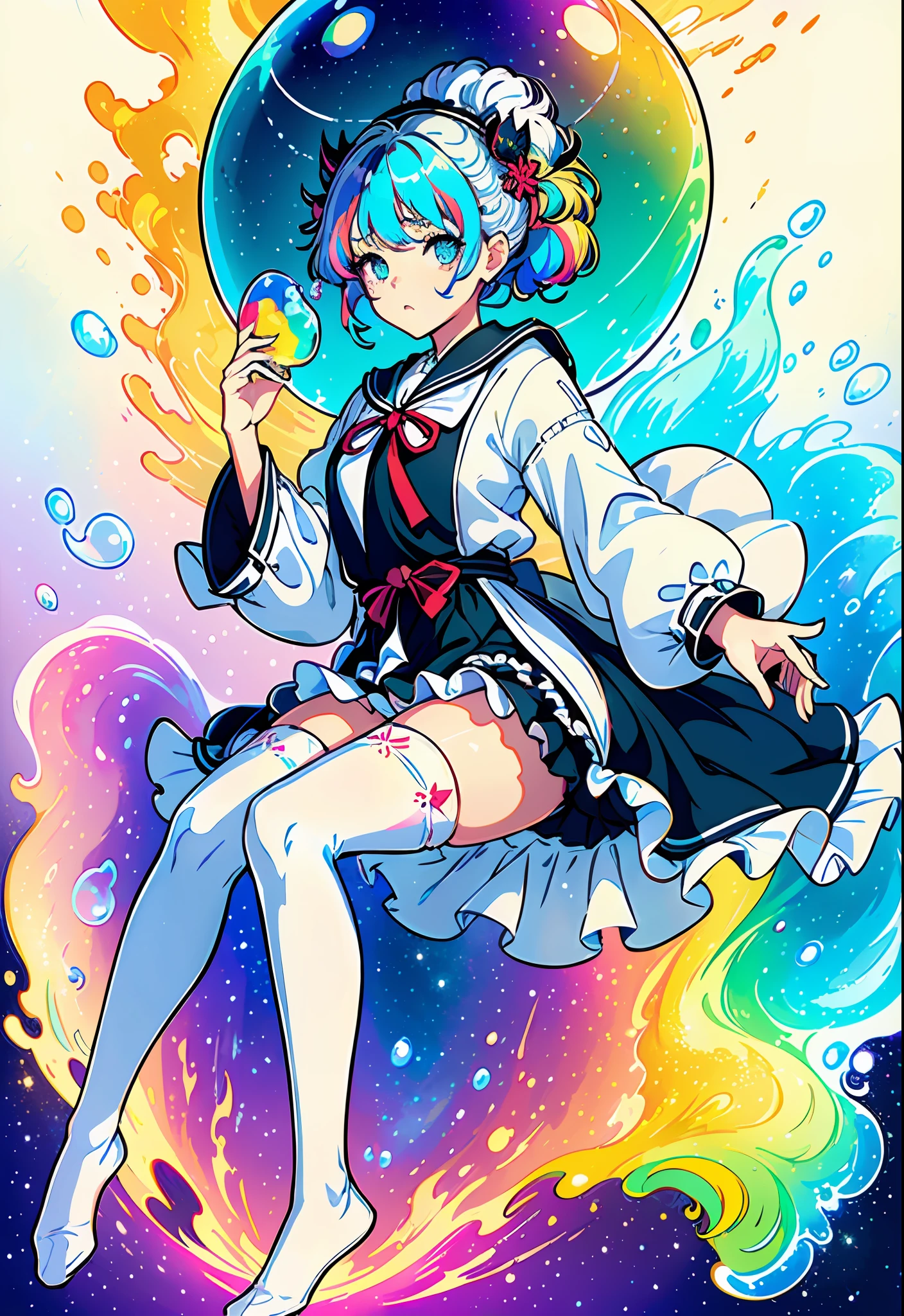 (masterpiece), (best quality), (official art, extremely detailed CG unity 8k wallpaper), (highly detailed), ((absurdres)), 1girl, mid shot, (exquisite facial features),(serafuku:1.3) ((sfw)),((clear hands)), ((white thighhighs without shoes)),aqua eyes, color contact lenses, stars in the eyes, (((colorful bubble))), colourful glass, (album cover)