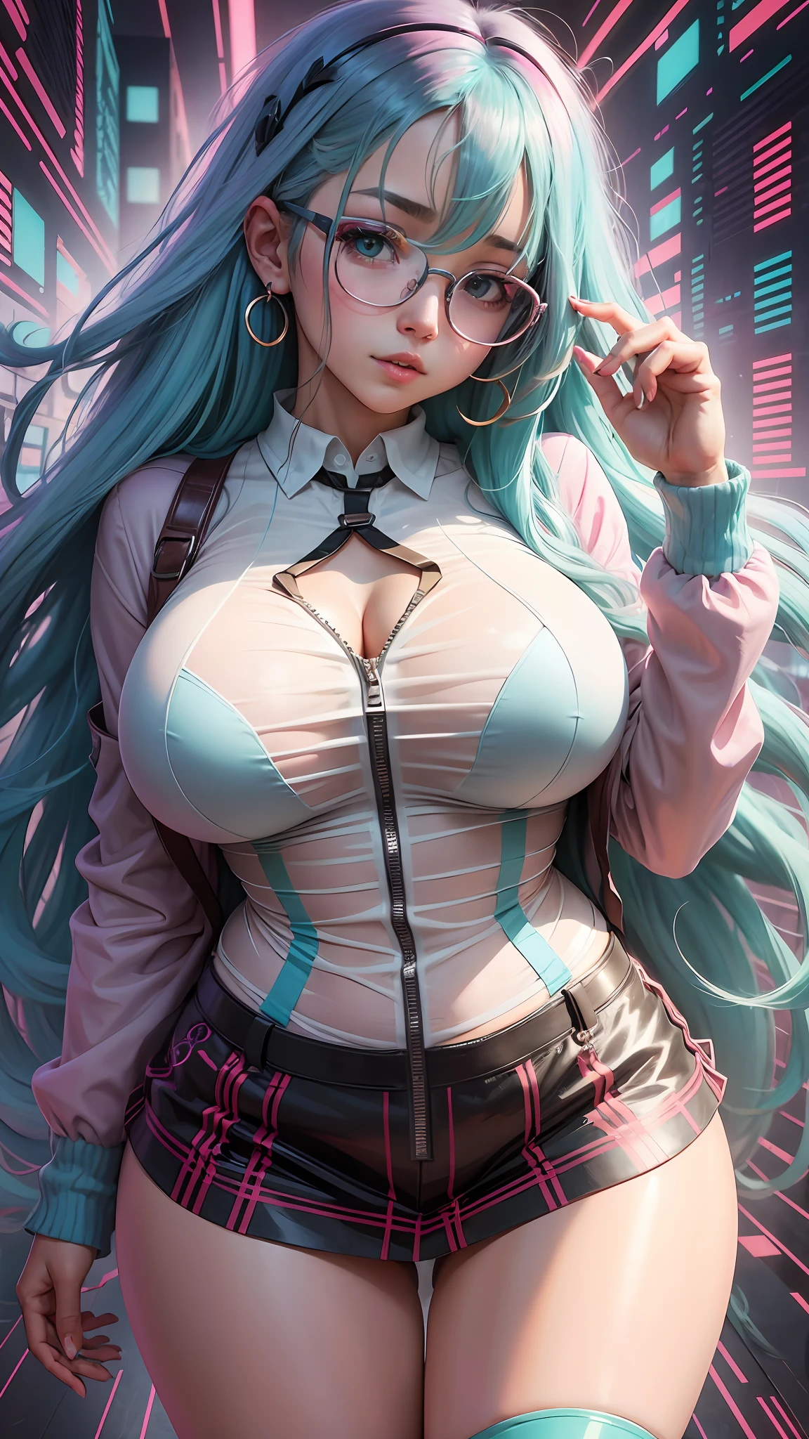anime girl with glasses and long hair in front of a colorful background, anime visual of a cute girl, anime style. 8k, pin on anime, anime vibes, anime style 4 k, anime moe artstyle, anime aesthetic, anime girl desktop background, anime visuals, anime girl with teal hair, ethereal anime, anime girl with long hair, beautiful anime portrait , huge breast, wearing a white shirt, see through shirt , full body , masterpiece , huge breasts , visible --auto --s2
