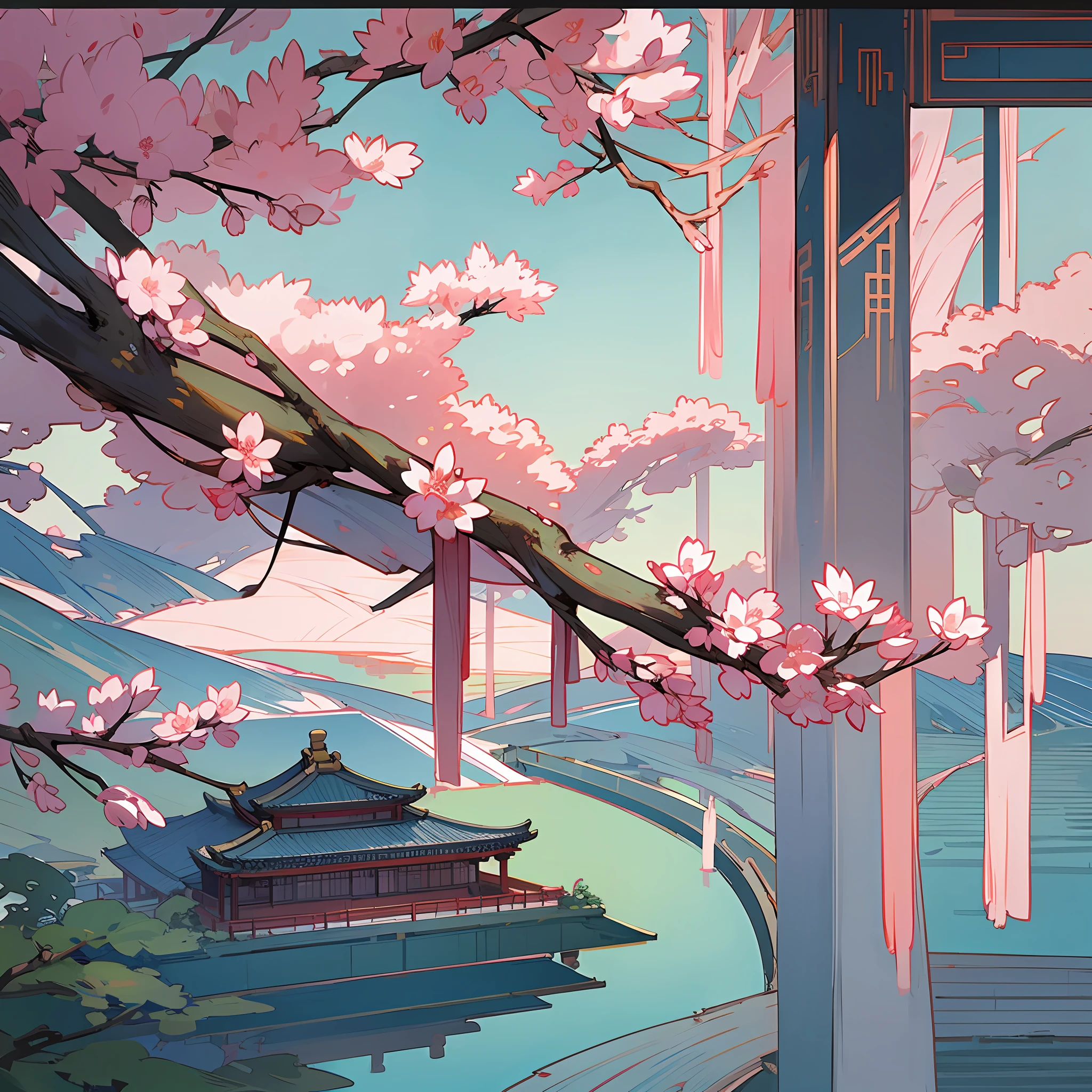 Peach blossom ancient tree pavilion lake surface male Chinese style immortal saber far view --auto --s2