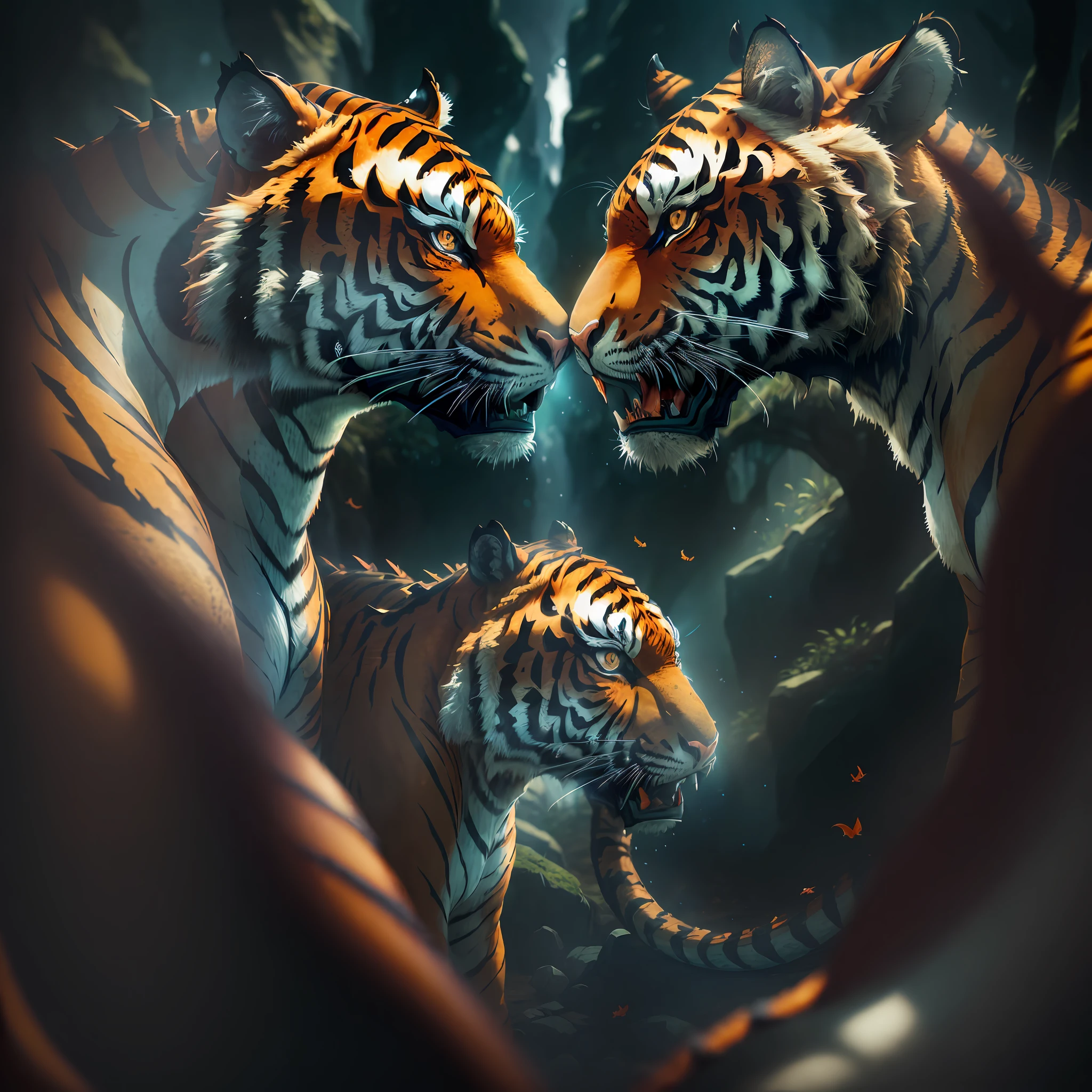 (((there are 2 dragons and 2 tigers))), dragons same as from chinese stories, these pairs are fighting play face to face, (((one dragon face to face fighting to one tiger))), another pair same as behind, super action details, dragons detail, tigers detail, masterpiece, 32kres, high performance, realisticphotography, wide view, mountain forest lake background, super lighting detail --auto --s2