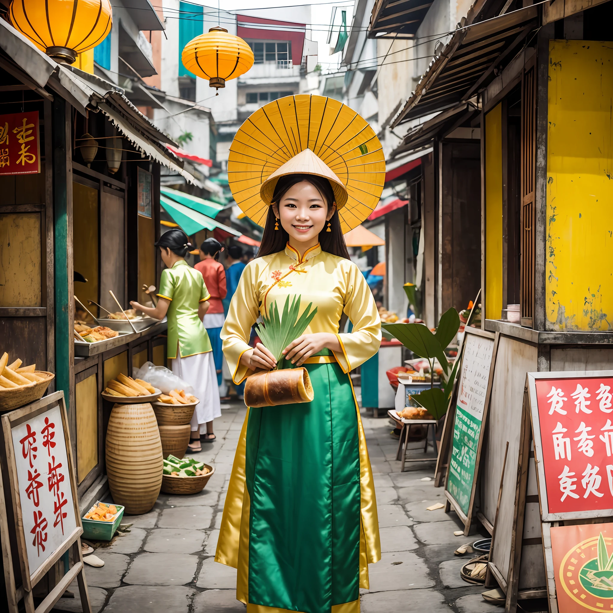 abstract colors, texture, film grain:0.6 realistic digital painting of (a Vietnamese girl)1.4 smiling and holding (a banh mi sandwich)1.5, wearing (an ao dai and a palm-leaf conical hat)1.3, (white yellow green red)1.1 colors, (black brown)1.2 hair, (brown black)1.1 eyes, standing in front of (a Vietnamese street food stall)1.3 with (signs lanterns people)1.2, (daytime)1.1 with bright and warm colors