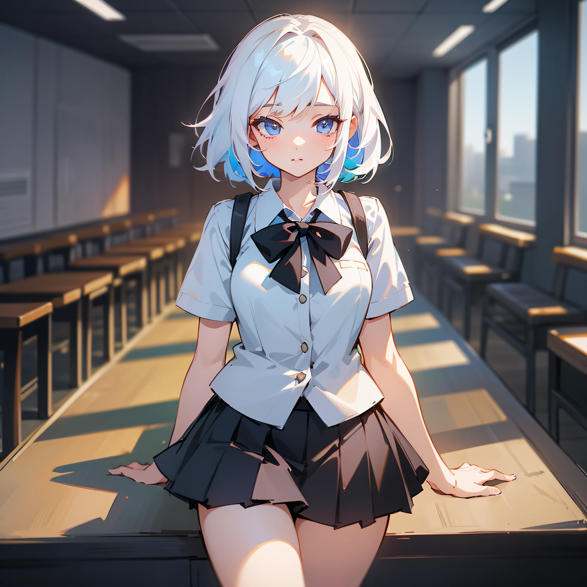 A girl wearing white short sleeves, black pleated skirt, student campus, pure and cute, white hair, only showing 3/4 body (super detailed details), (super detailed CG: 1.2), anime art style, high quality 8K anime wallpaper, RGB lighting