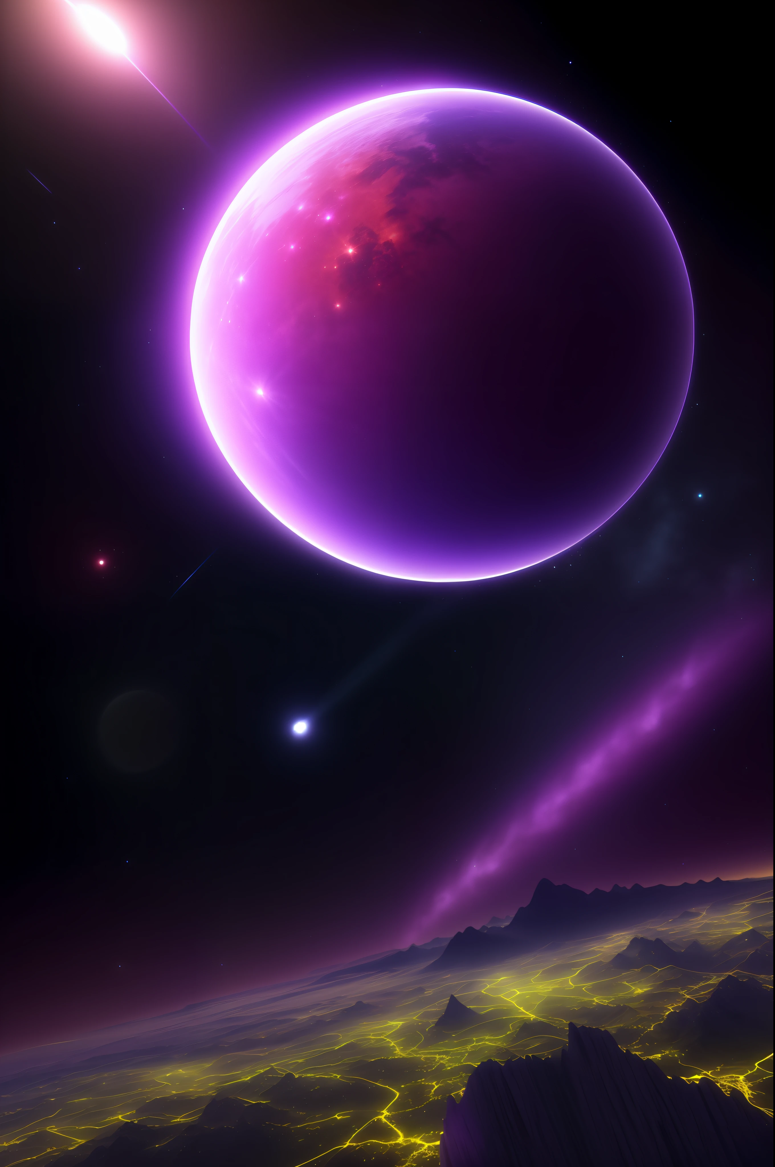 Planet from space, cosmic, purple, land, ocean, alien, solar system, colorful, fruitful, habitable, alien land, purple oceans, ice, birds, planet light years away, big, exoplanet, 8K resolution, ultra detailed, Fantasy vibe, centered, dreamlike, intricate detail, Cinematic Lightning, Unreal Engine, Realistic, Photorealistic, Hyper-detailed, insane details, Super-Resolution, Megapixel, FKAA, TXAA, RTX, SSAO, Post Processing