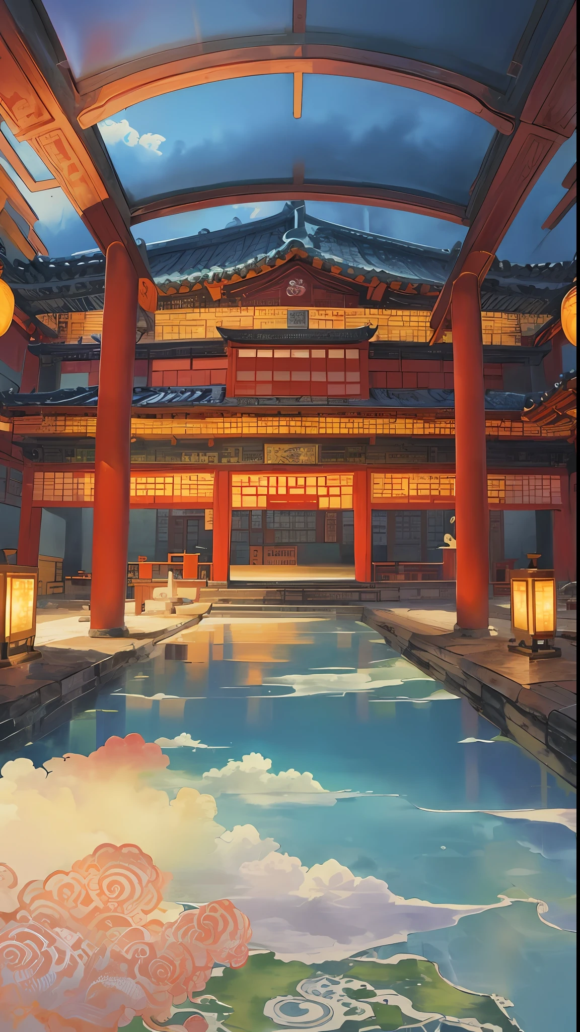 The game scene, the ancient Chinese palace is located above the clouds, surrounded by clouds and mist, majestic, glazed tiles, colorful rays of light, ((color ink)),((splash ink)),((splash ink) ink}) ), masterpiece, high quality, Refined graphics, high detail