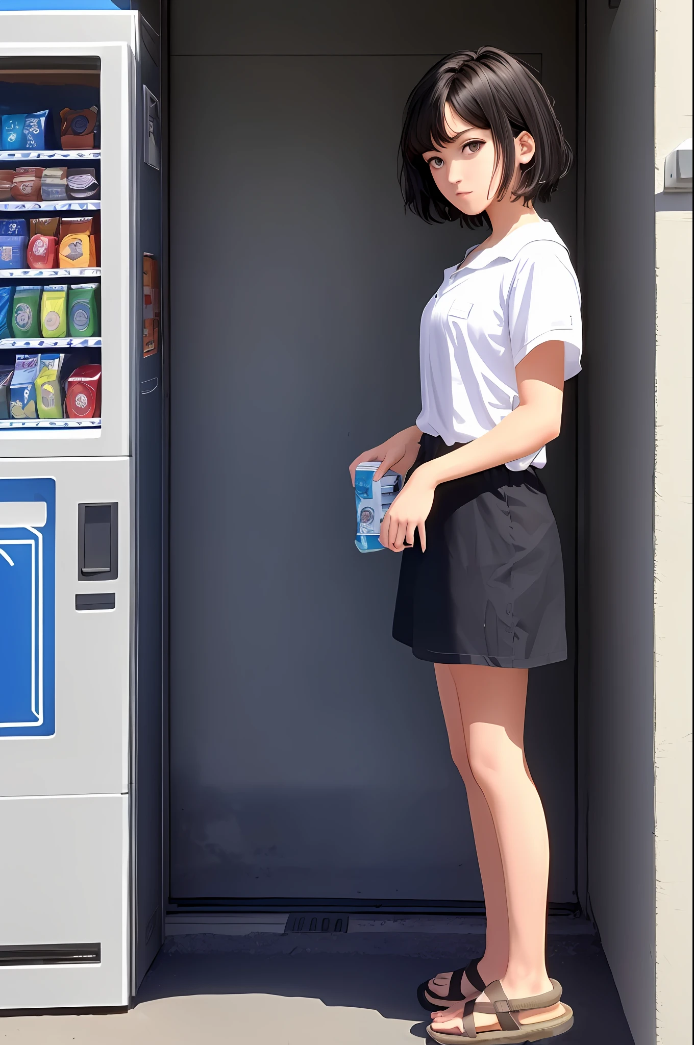 ((Realistic Lighting, Best Quality, 8K, Masterpiece: 1.3)),, (Masterpiece, Best Quality, Ultra Detail, HD), Perfect Face, Side Light, Glossy Skin, (Bloom), (Glow), Lighting, Ray Tracing, (8K, Top Quality, Masterpiece: 1.2), (realistic, realistic: 1.37), super detailed, one girl, a, (unkempt hair)), short hair, Bob hair, black hair, (long face), small breasts, thin, 16 years old, competitive swimwear, toilet, (((big eyes)), black and brown pupils, sleepy eyes, eye bags, helpless eyes, depressed eyes, dark areas around the eyes, ((under shadow)), (leaning against the vending machine)), ((looking at the ground), (head down: 0.8) , mouth closed, expressionless, (looking down)), light thighs, (light from behind) sloppy hands, (sandals), ((from the side)), squat, ((knees on chest: 1.2)), canned drinks (small), knees closed, vending machine background, outdoor, large ((red vending machine)), red vending machine, (residential house details: 1.3) back (detailed beautiful sky: 1.5), (Cloud: 1.4), (Backhill Alley: 1.2), (((Alley)), Closed Lens, Road Signs, Perfect Lighting, Perfect Anatomy