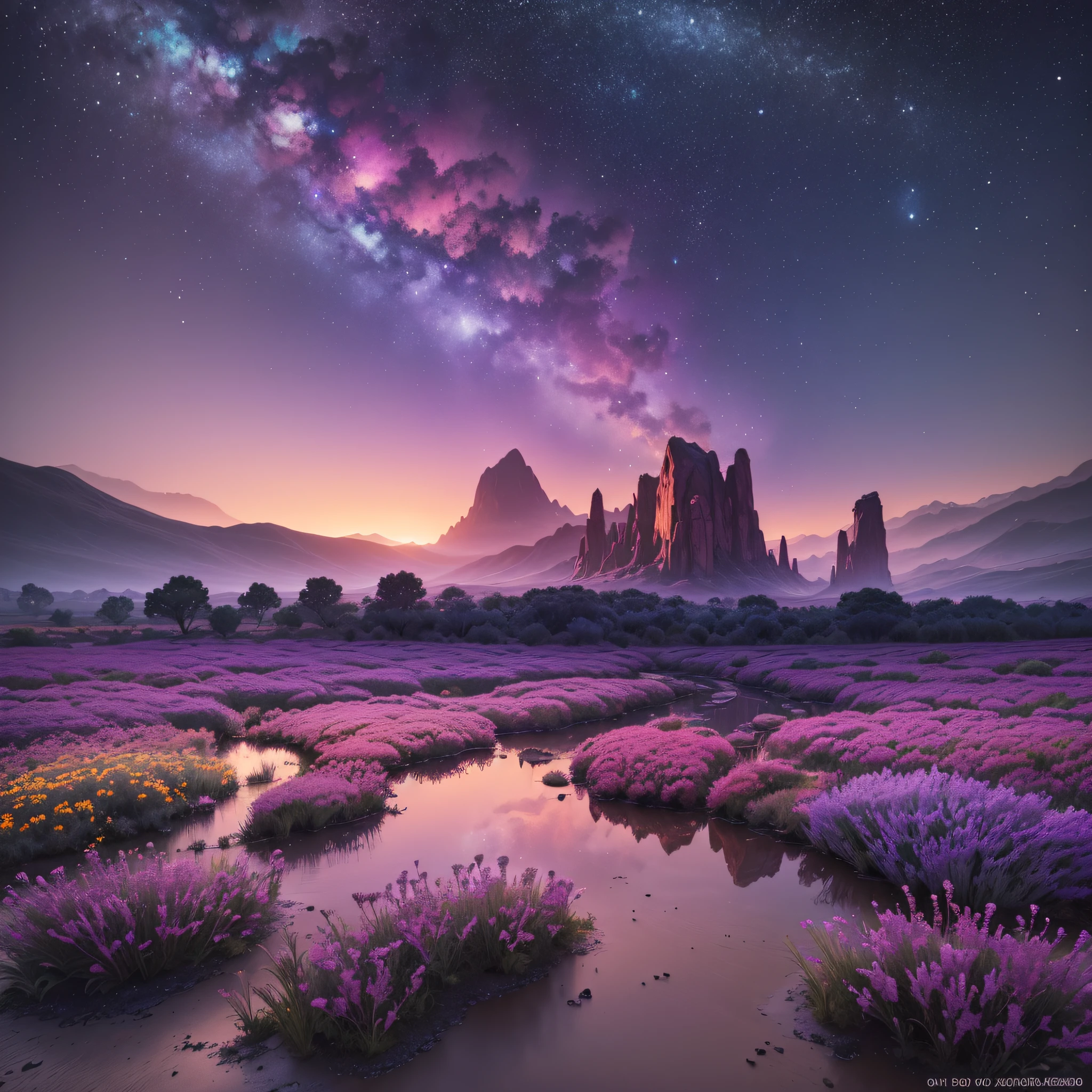 Photos of vast sunrise landscapes, (seen from below, sky above, open plains below), strangely shaped alien plants (best quality), 4k, ultra-detailed, (meteors: 0.9), (nebulae: 1.3), distant mountains (high quality), Hideous trees (warm source: 1.2), (firefly: 1.2), lamps, lots of purple and orange and blue, intricate detail, volumetric lighting, (best quality), 4k, ultra-detailed, (dynamic composition: 1.4), very detailed, colorful details, (iridescent color: 1.2), (luminous lighting, atmospheric lighting), dreamy, magical, mysterious (solo: 1.2) --auto --s2