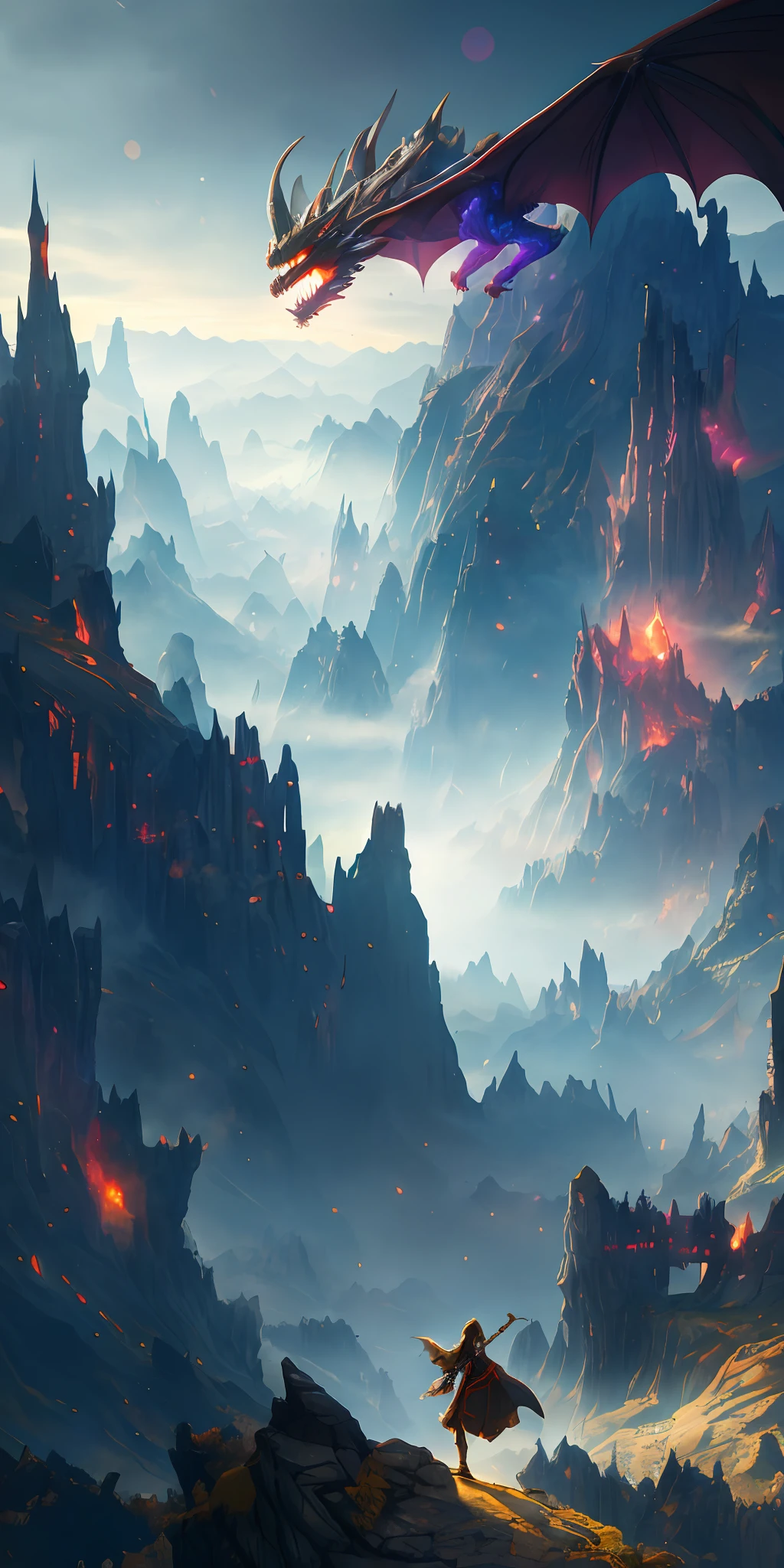 ((masterpiece)), best quality, high quality, ((extremely detailed CG unity 8k wallpaper)), (fantasy), dark magic world like place, dark color, castle, huge dragon flying in the sky, huge dragon , dragon shoots lots of fireballs, destroys ground, magic movie style, harry potter movie style, viewing on a higher mountain, mono lake, 3d digital painting, award winning photography, bokeh, depth of field, hdr, bloom, chromatic aberration, photorealistic, highly detailed, trending on artstation, trending on CGsociety, intricate, high detail, dramatic, midjourney art