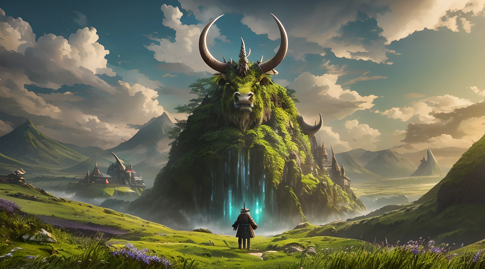 a man standing on top of a lush green hillside, 2. 5 d cgi anime fantasy artwork, face of an ox, mattepainting, with horns, the wake of the unseen object, tundra, videogame still, promotional image, without text, monster ashore, long horns, panoramic anamorphic, inspired by Hiroshi Yoshida