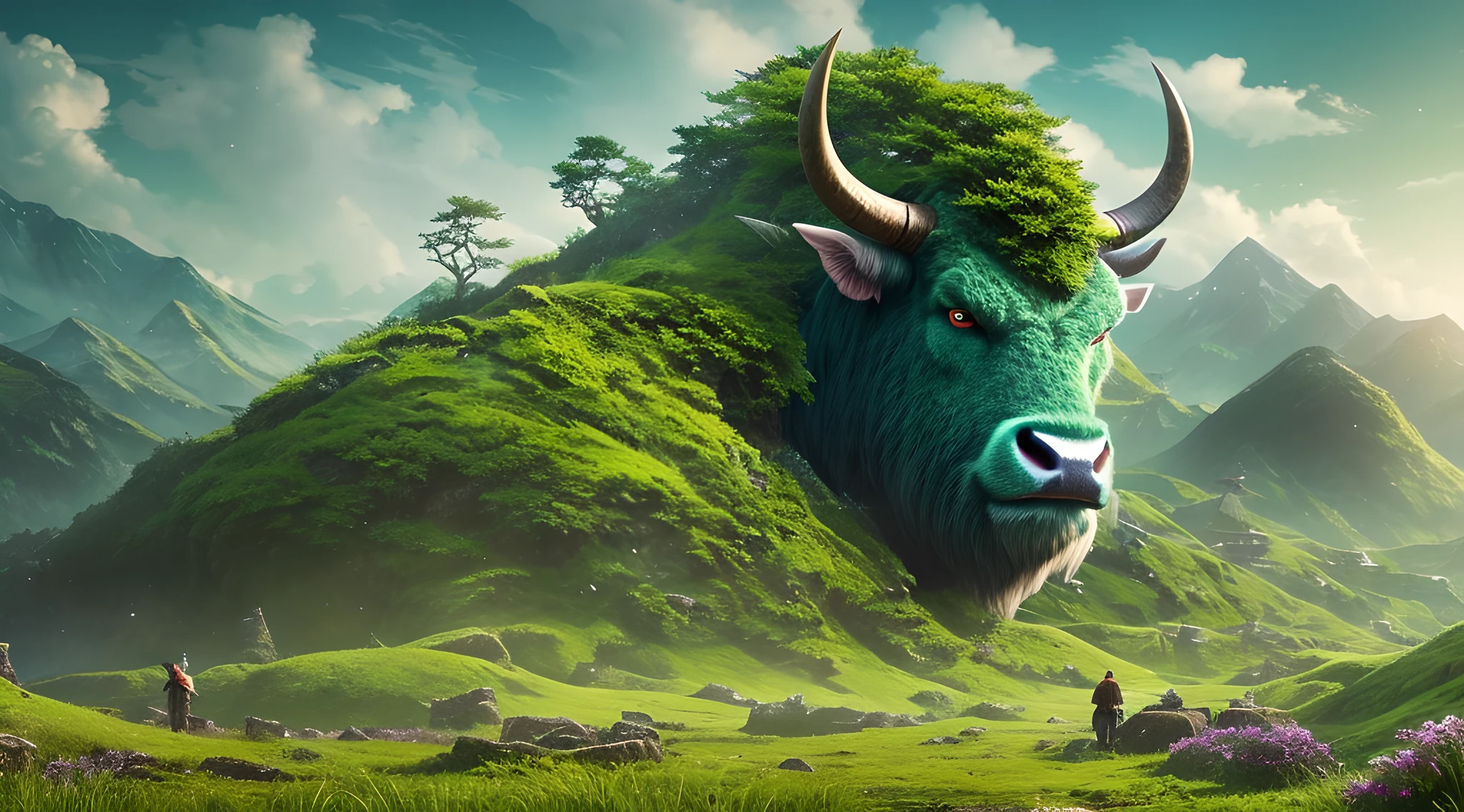 a man standing on top of a lush green hillside, 2. 5 d cgi anime fantasy artwork, face of an ox, mattepainting, with horns, the wake of the unseen object, tundra, videogame still, promotional image, without text, monster ashore, long horns, panoramic anamorphic, inspired by Hiroshi Yoshida